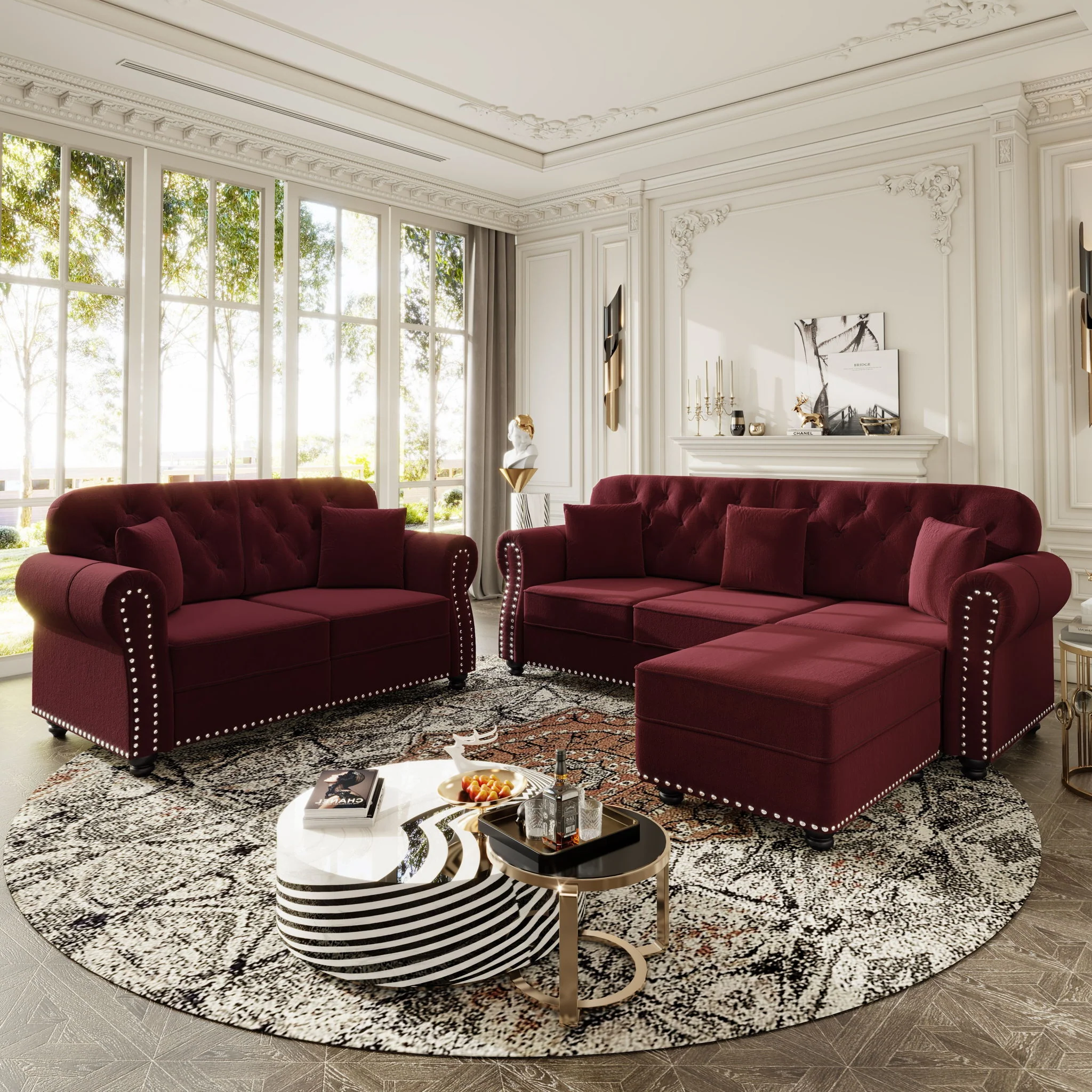 Upholstered Sofa Set With Nailhead Trim And Rolled Armrests, Includes Pillows - Image 67