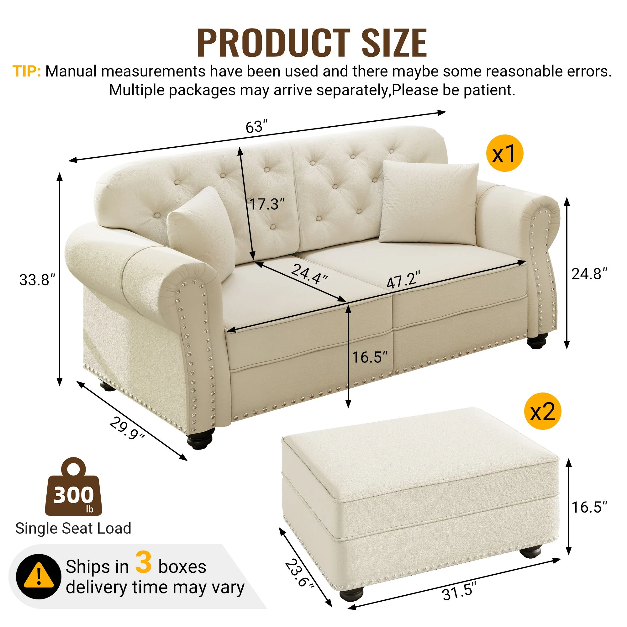 Upholstered Sofa Set With Nailhead Trim And Rolled Armrests, Includes Pillows - Image 68