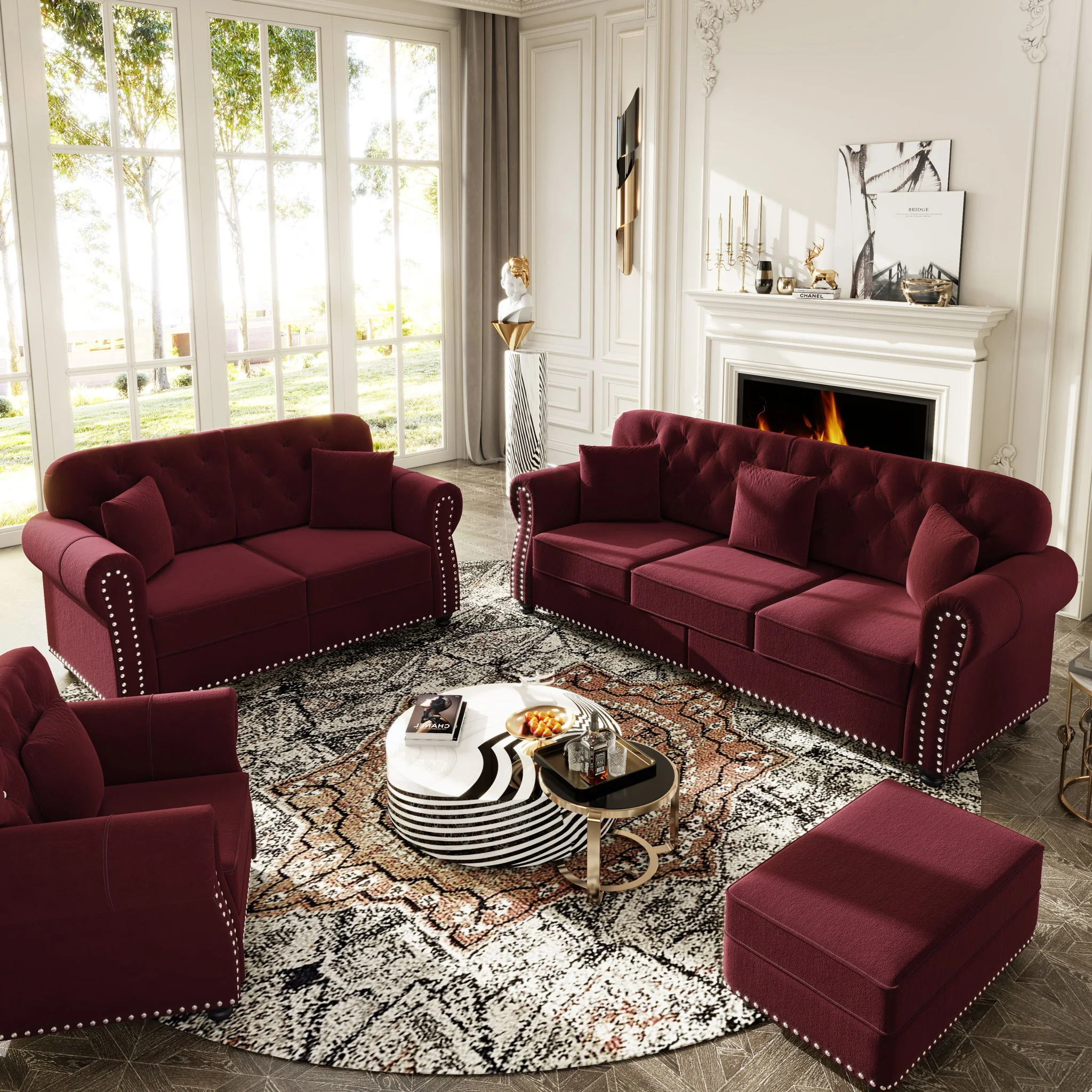 Upholstered Sofa Set With Nailhead Trim And Rolled Armrests, Includes Pillows - Image 75