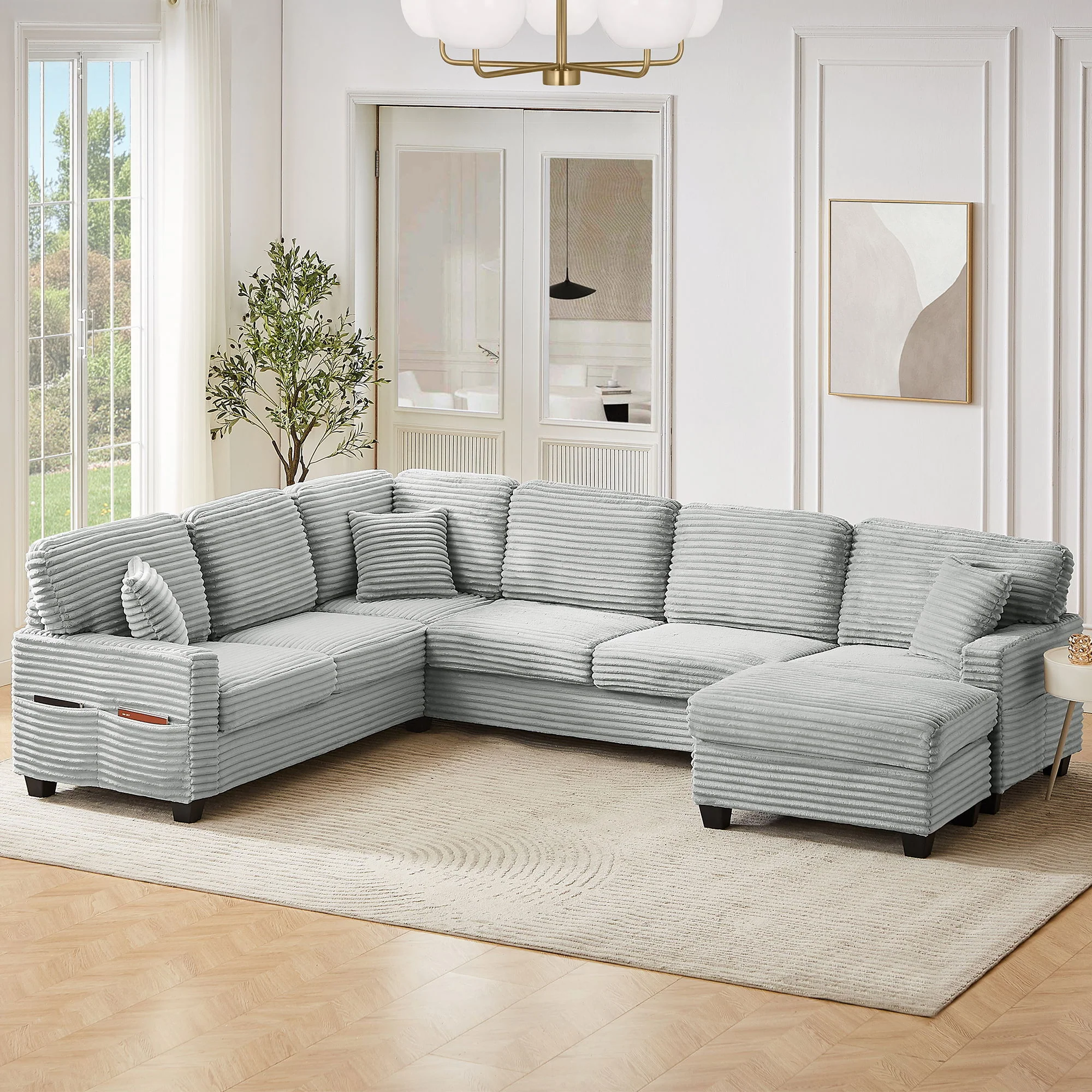 Upholstered U-Shaped Sectional Sofa With Movable Ottoman And Side Storage Pockets - Image 10