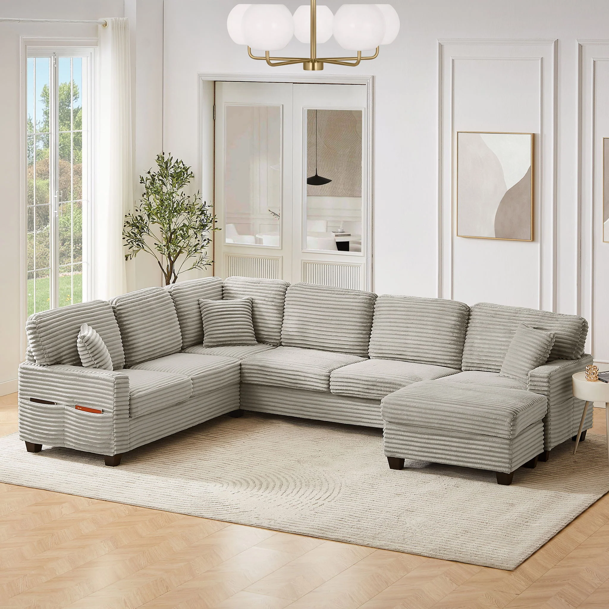 Upholstered U-Shaped Sectional Sofa With Movable Ottoman And Side Storage Pockets - Image 6