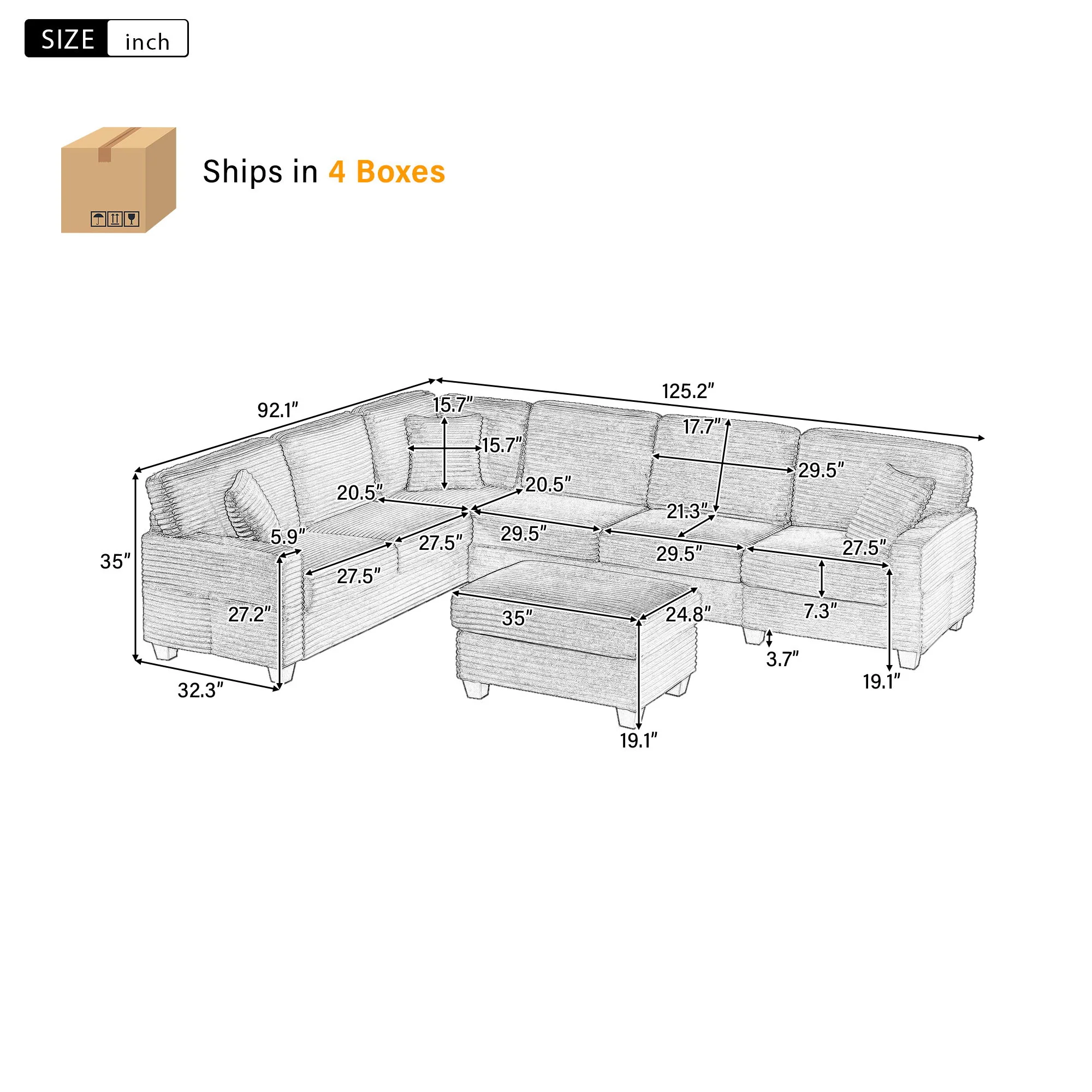 Upholstered U-Shaped Sectional Sofa With Movable Ottoman And Side Storage Pockets - Image 8