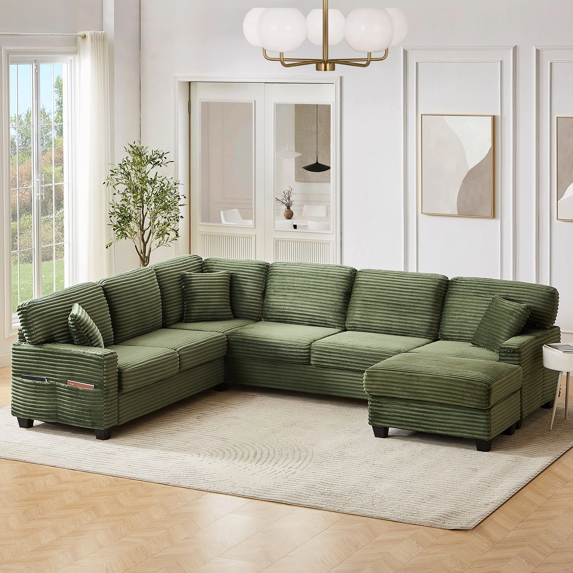 Upholstered U-Shaped Sectional Sofa With Movable Ottoman And Side Storage Pockets - Image 9