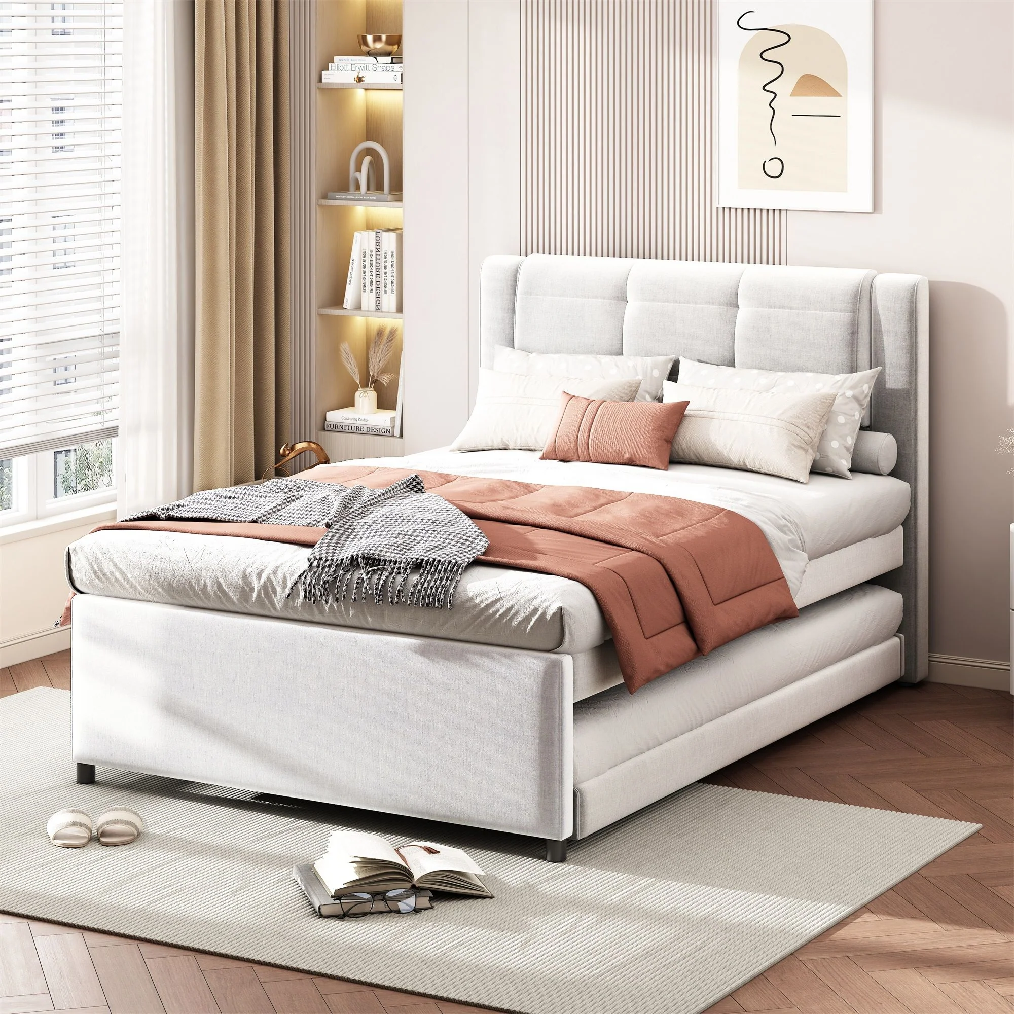 Upholstery Platform Bed With Trundle, Trundle Can Be Flat Or Erected - Image 8