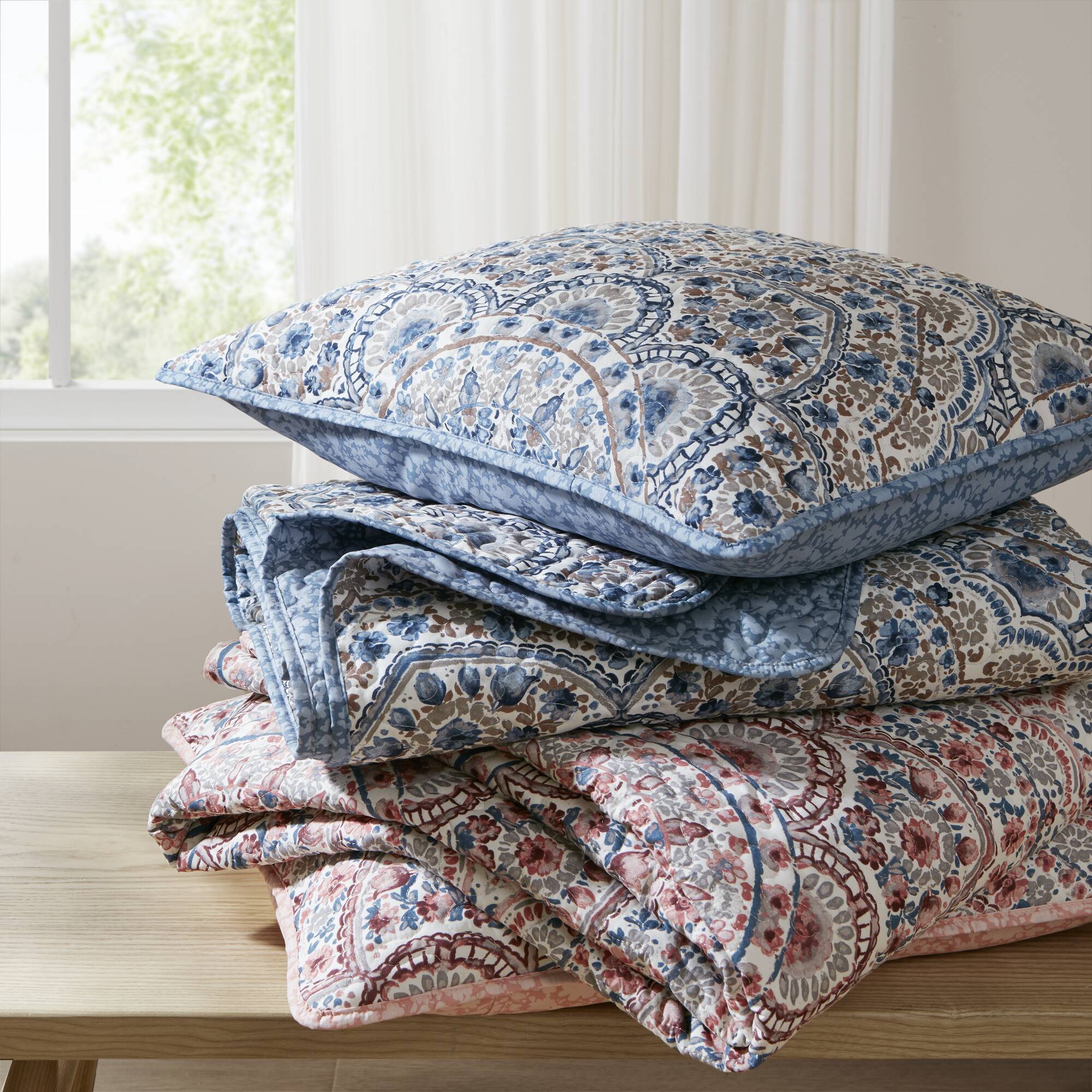 Valerie - Full/Queen Boho Floral Reversible Quilt - Pink - Image 2