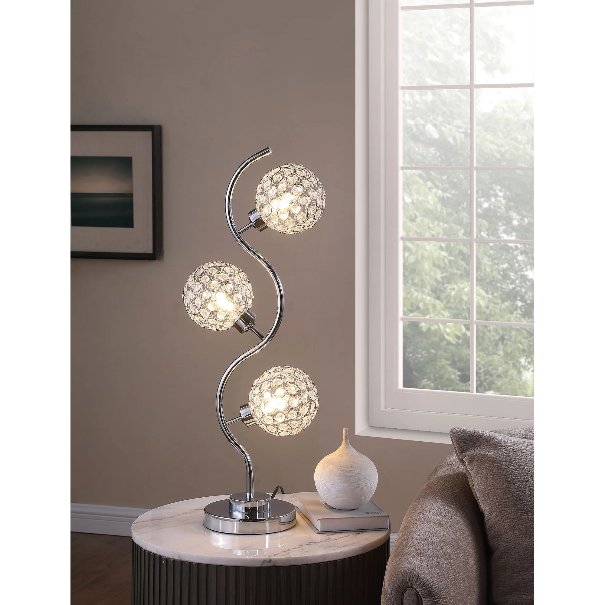 Vandy - 3 Light Curvy Table Lamp With Orb Shades - Chrome - Image 2