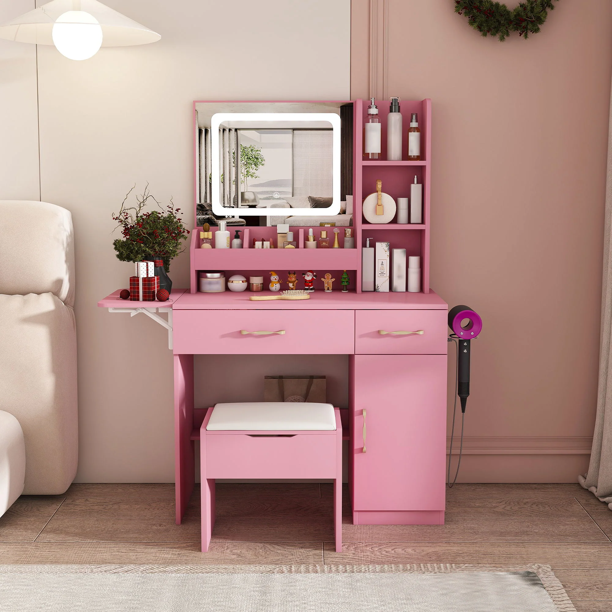 Vanity Desk With LED Mirror Lights And Power Outlet Charging Station, 3 Drawers, 7 Shelves, Storage Stool - Pink - Image 2