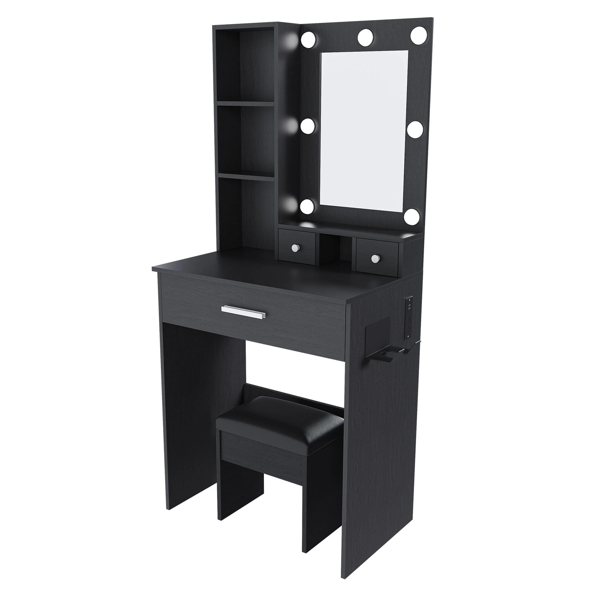 Vanity Table With Mirror, Adjustable LED Lights, Power Outlet, Hairdryer Holder & Stool - Image 2