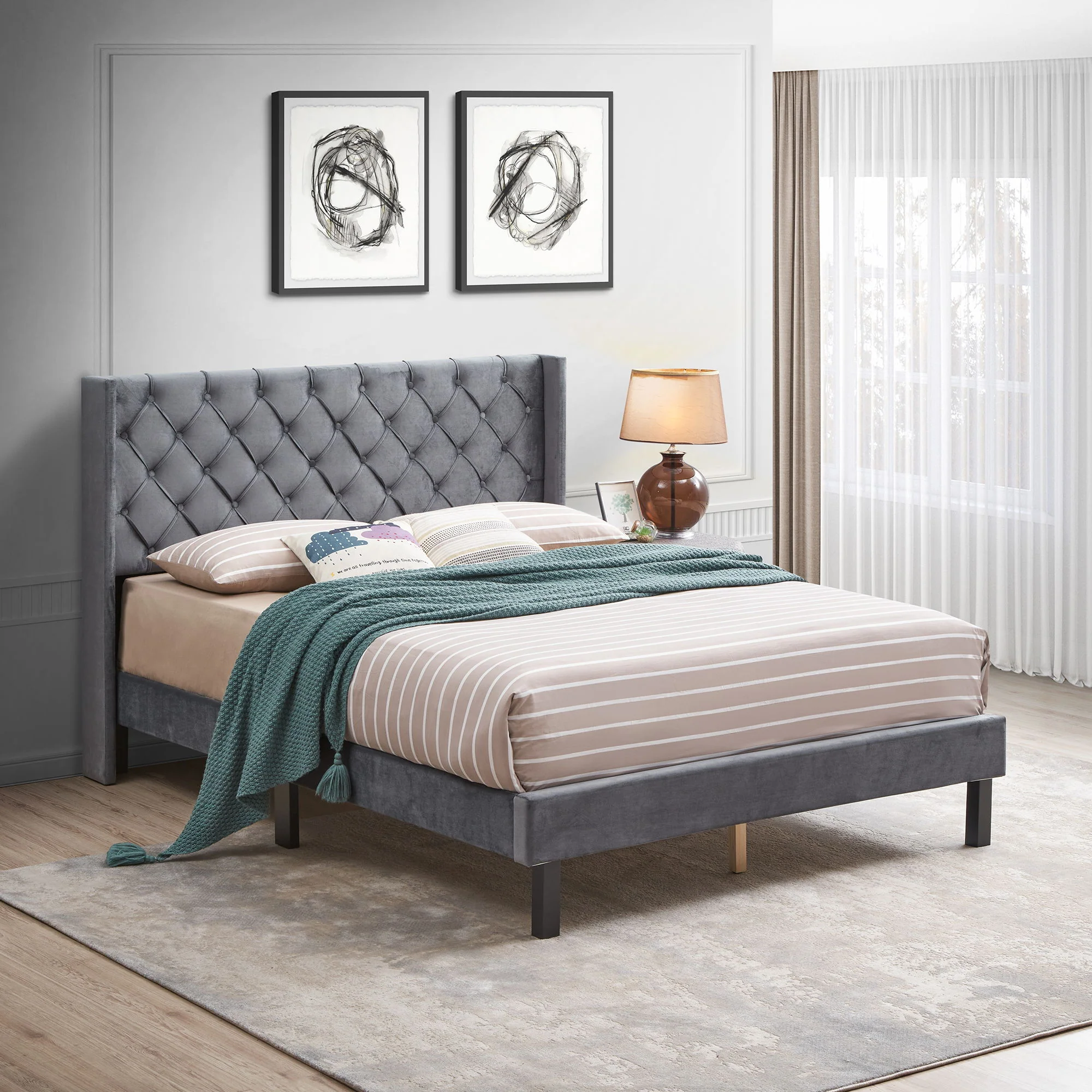 Velvet Button Tufted-Upholstered Bed With Wings Design Strong Wood Slat Support Queen Platform Bed - Gray - Image 2