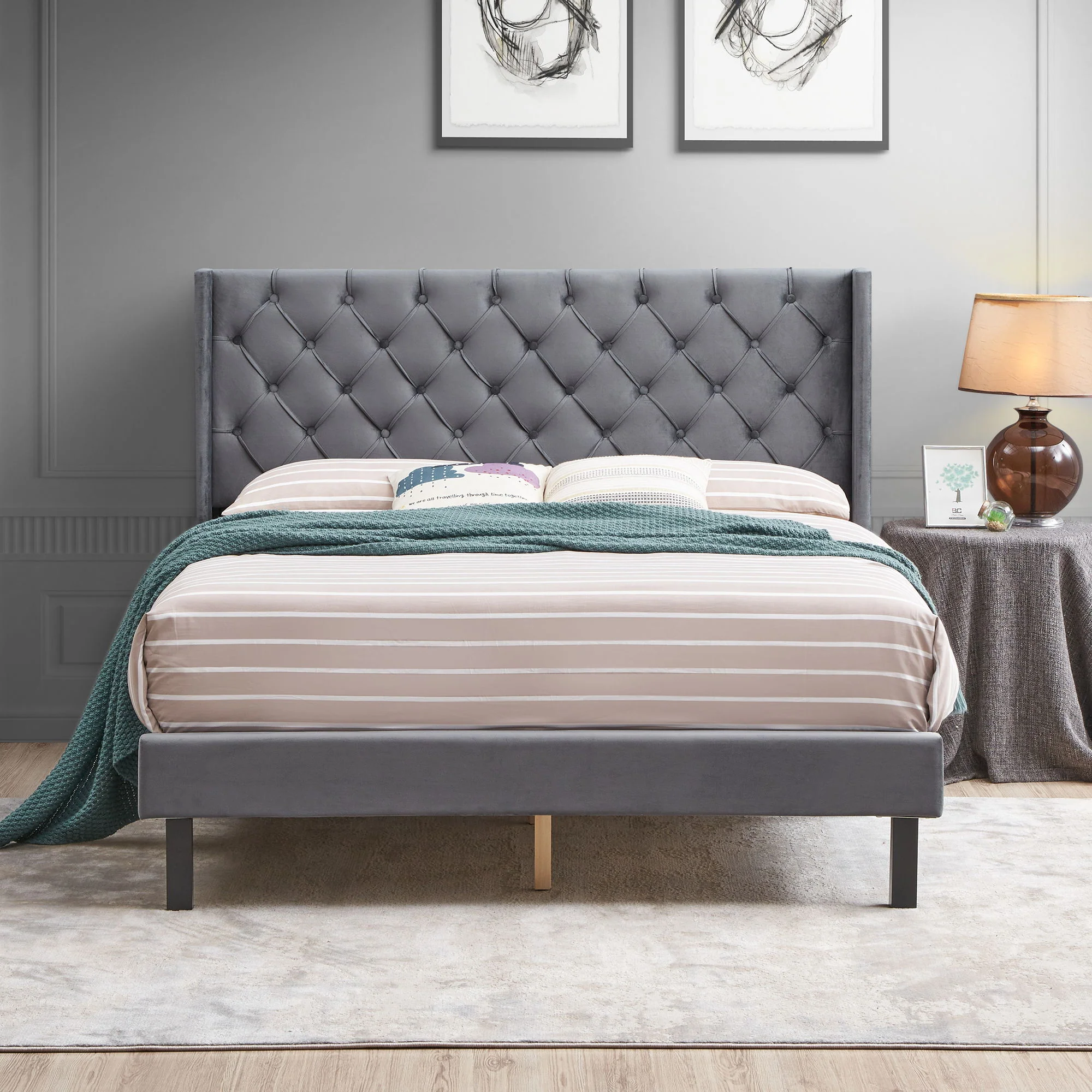 Velvet Button Tufted-Upholstered Bed With Wings Design Strong Wood Slat Support Queen Platform Bed - Gray - Image 4