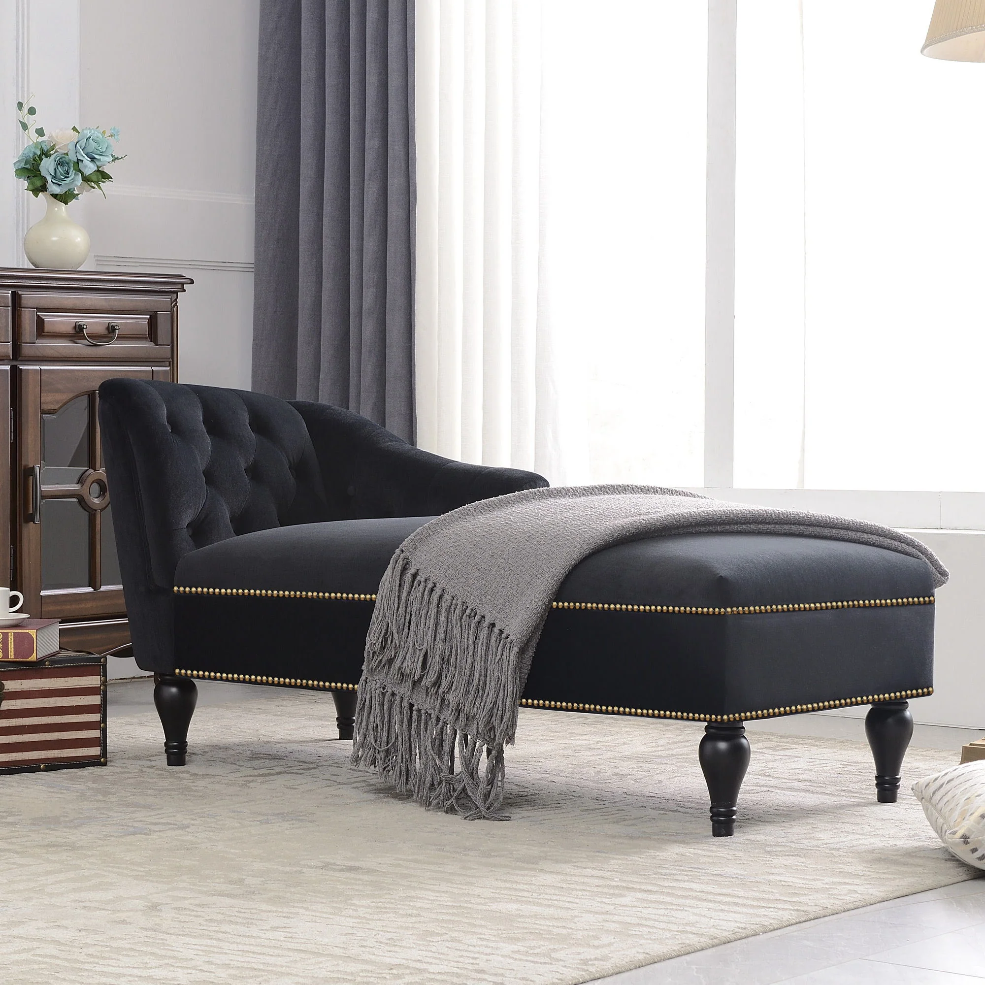 Velvet Chaise Lounge, Button Tufted Right Arm Facing Lounge Chair With Nailhead Trim For Living Room - Black - Image 4