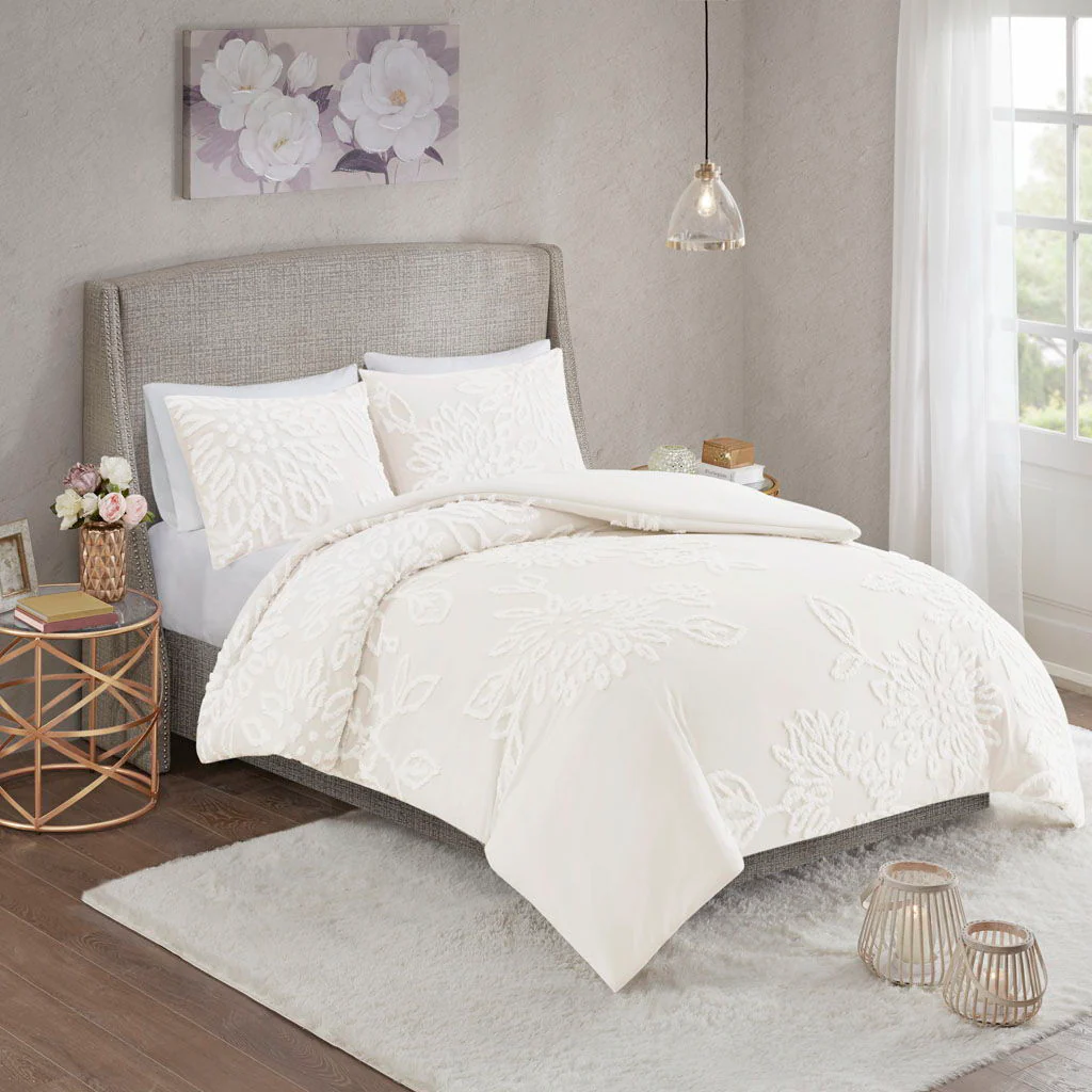 Veronica - 3 Piece Tufted Floral Duvet Cover Set - Off White - Image 2