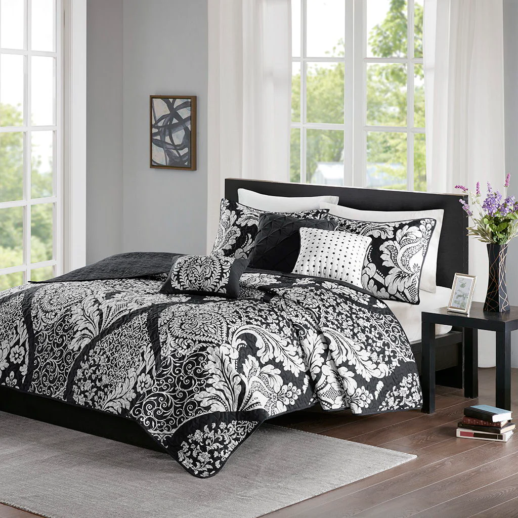 Vienna - 6 Piece King Printed Cotton Quilt Set With Throw Pillows - Black