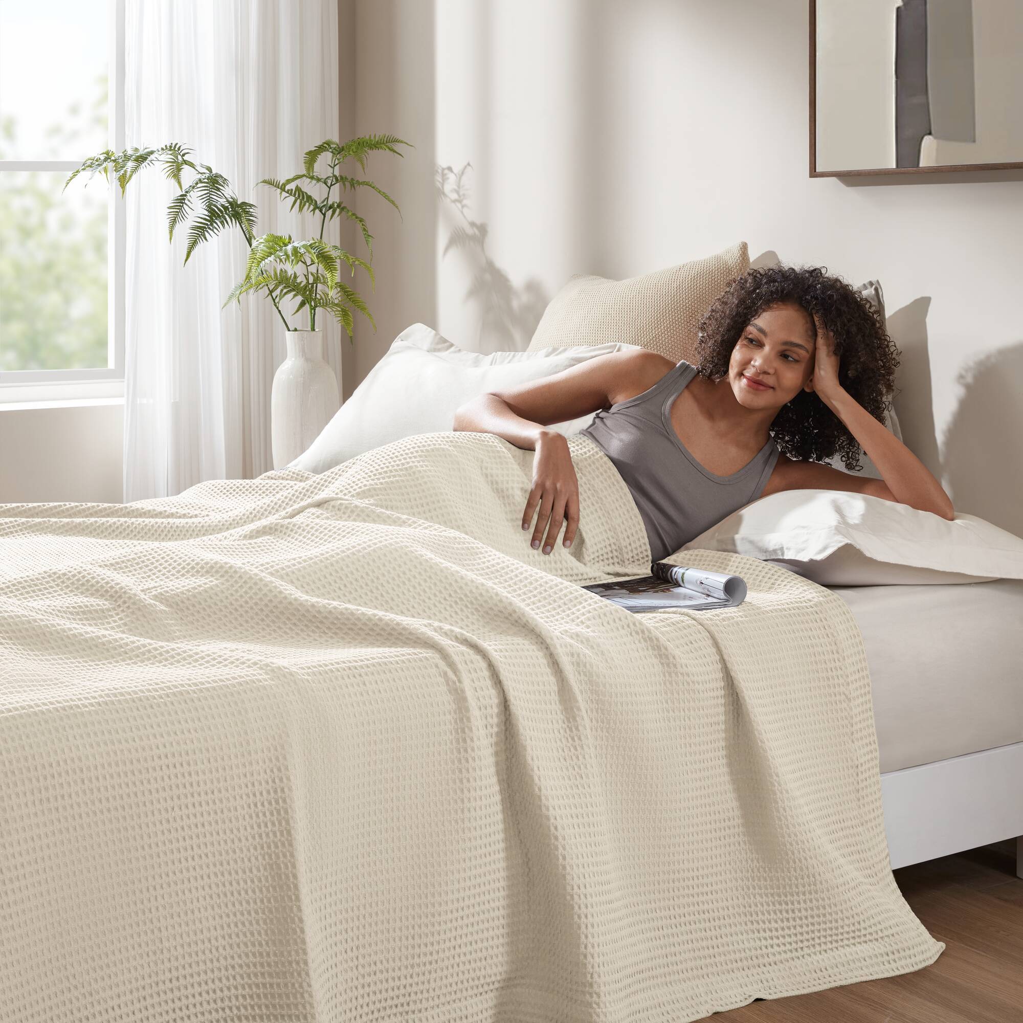 Waffle Weave - Twin Cotton Blanket - Ivory - Image 4