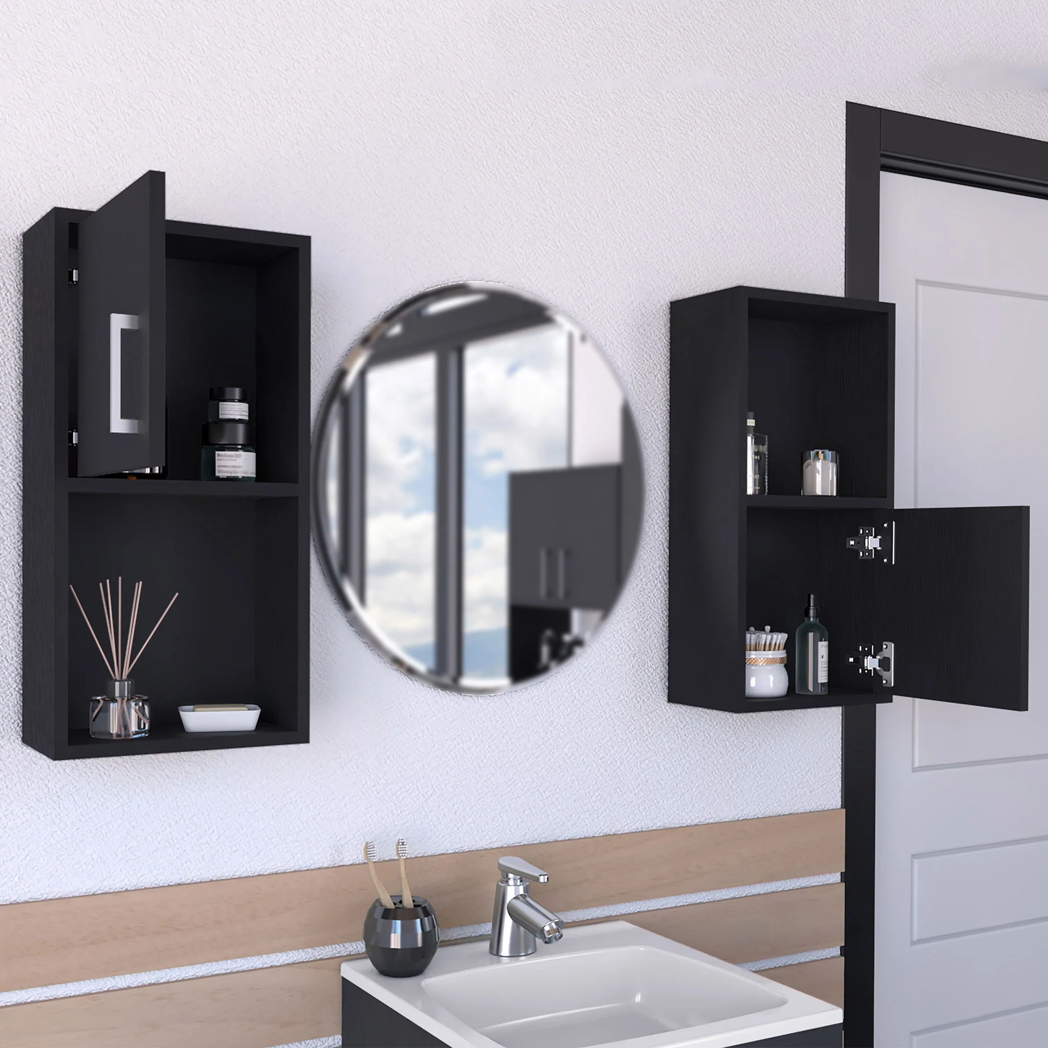 Wall Mounted Bathroom Medicine Cabinet Eak Two Doors, Two Shelves - Black - Image 2
