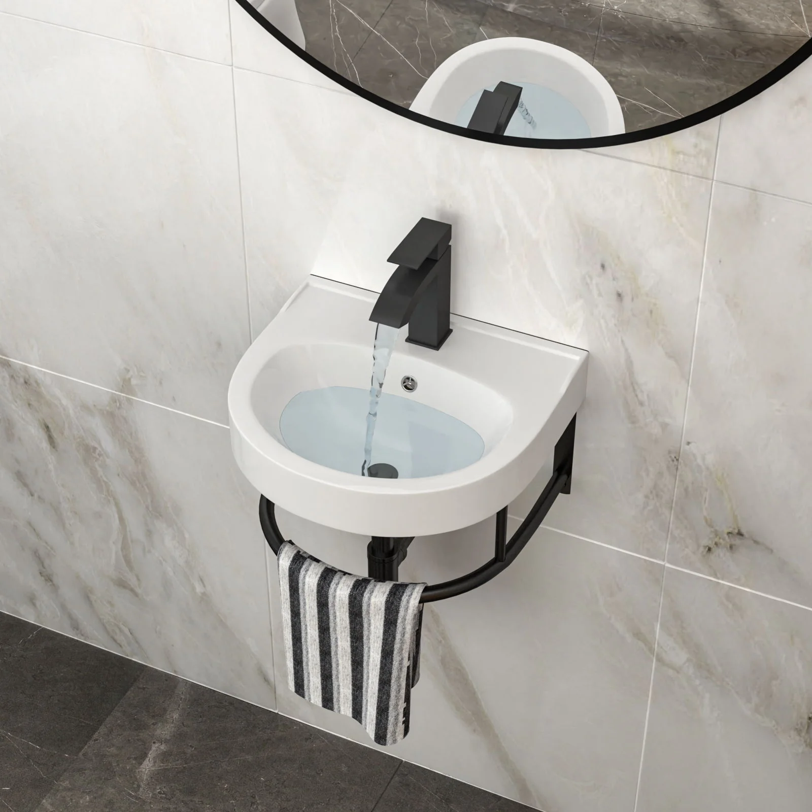 Wall Mounted Bathroom Sink With Towel Bar And Faucet - White / Black - Image 4