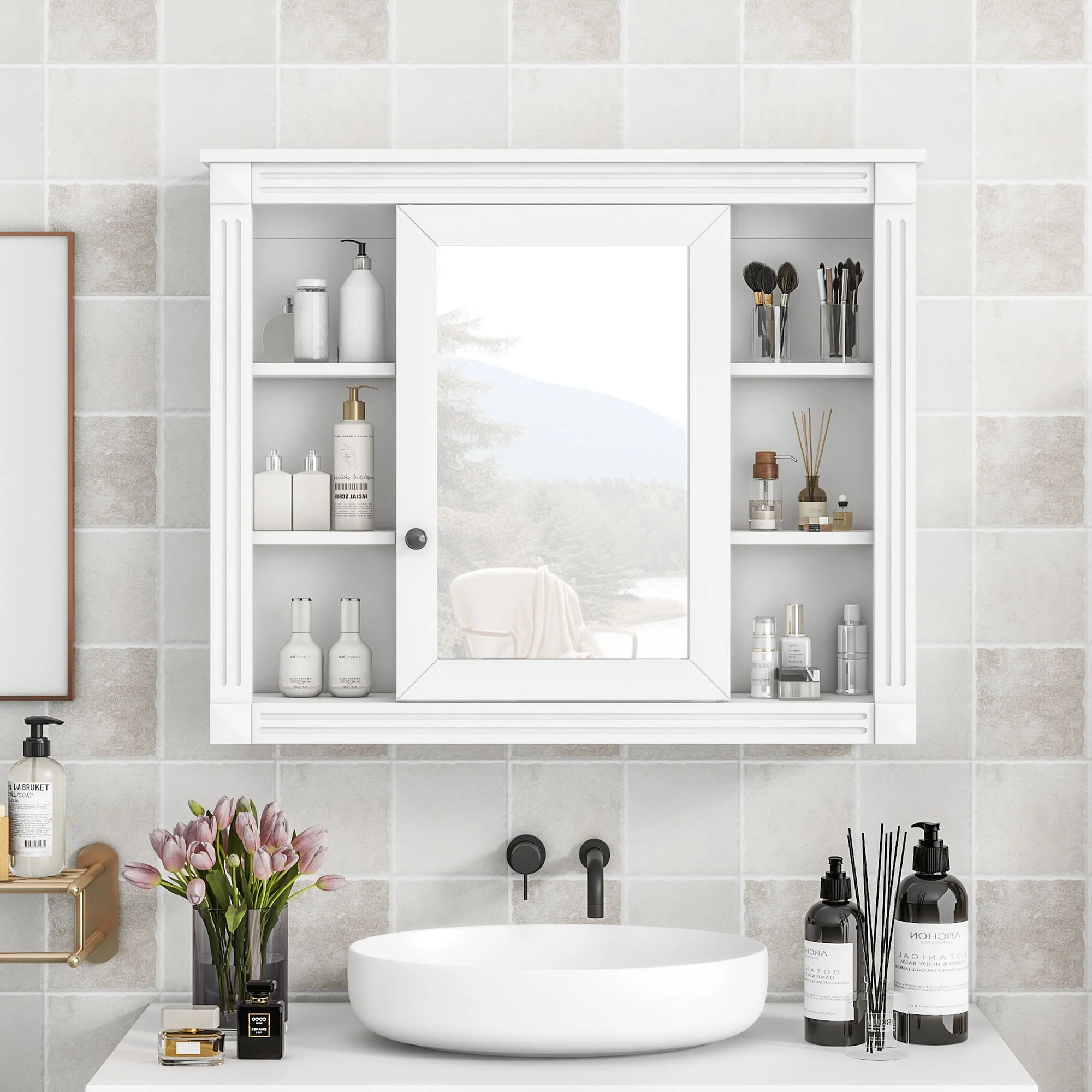 Wall Mounted Bathroom Storage Cabinet With Mirror, Cabinet With 6 Open Shelves And Adjustable Interior - Image 5