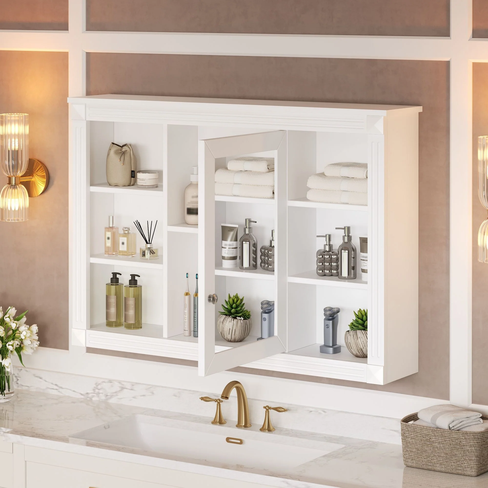 Wall Mounted Bathroom Storage Cabinet With Mirror, Medicine Cabinet With 6 Open Shelves And Adjustable Interior - White - Image 2
