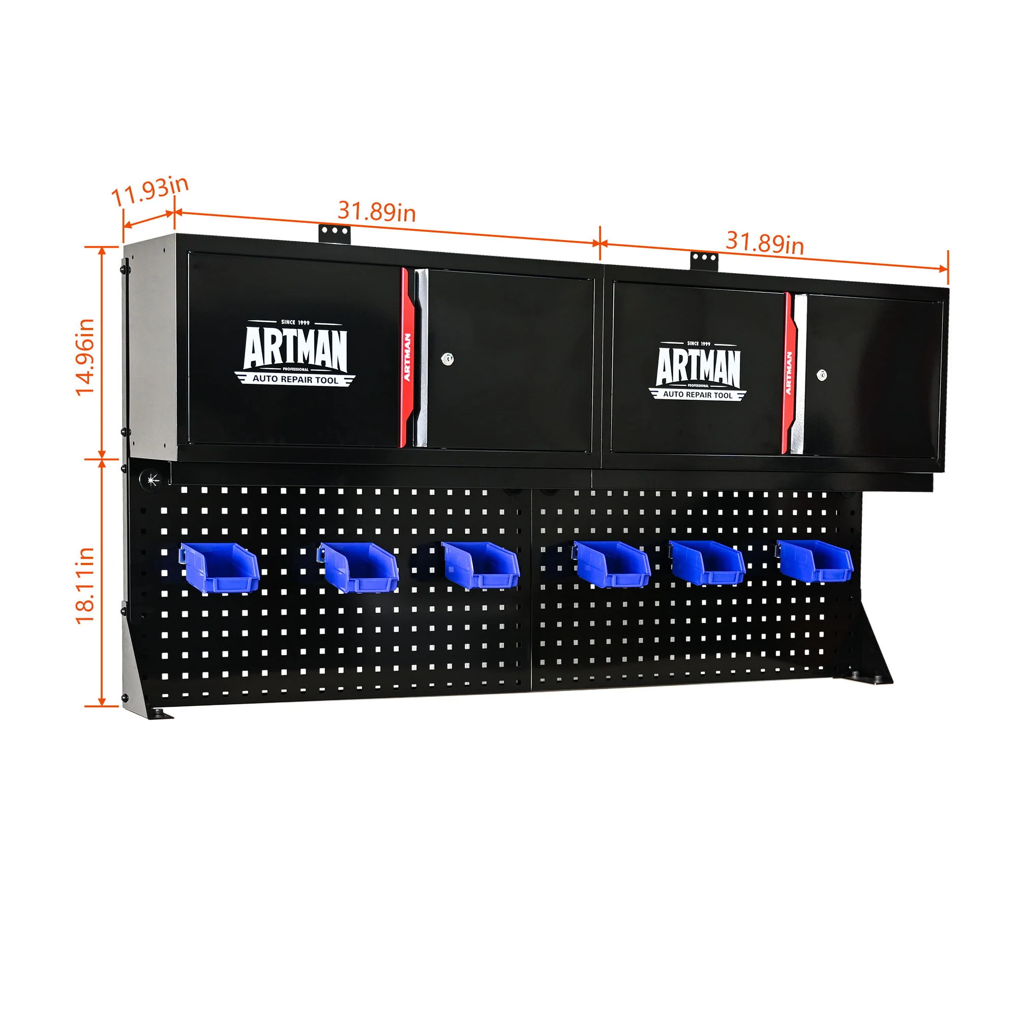 Wall Mounted Double Door Storage Cabinet With Tool Rack And Hooks, Stainless Steel - Black / Red - Image 2