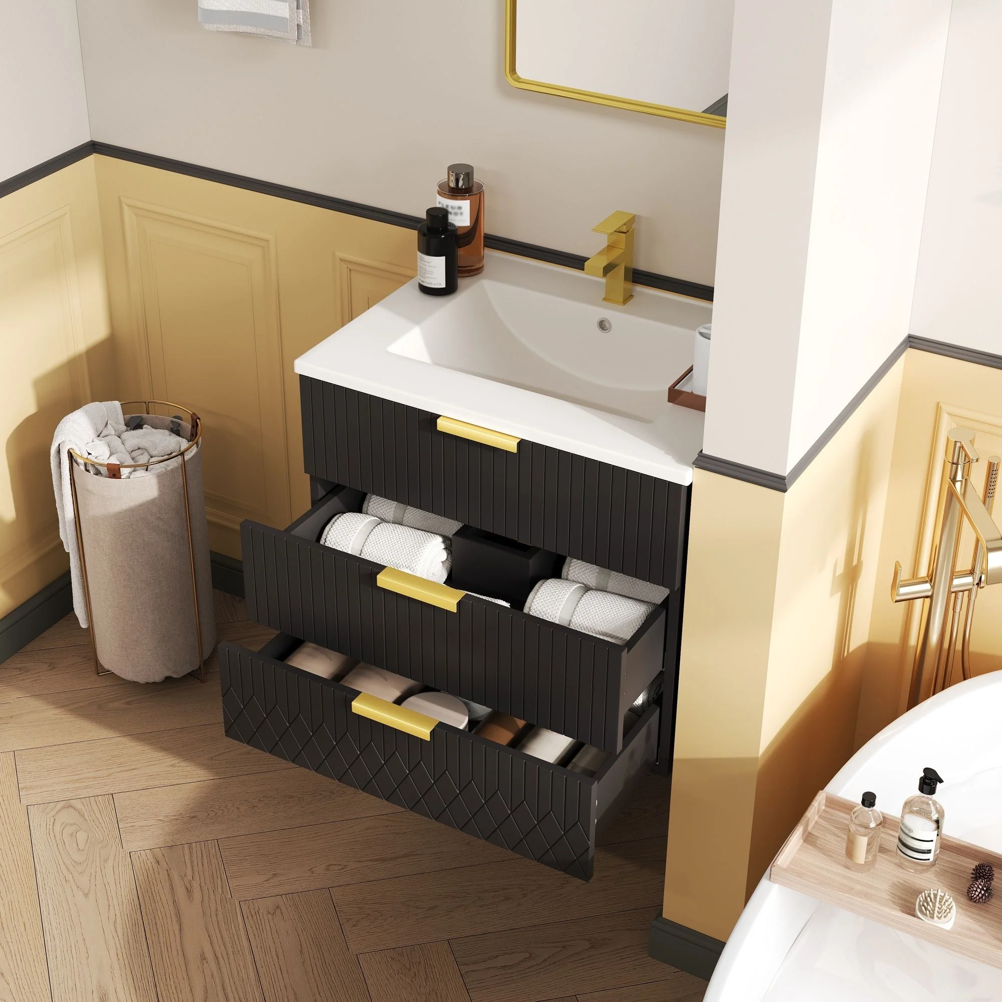 Wall Mounted Floating Cabinet With Double Drawer, Rectangular Sink - Image 7