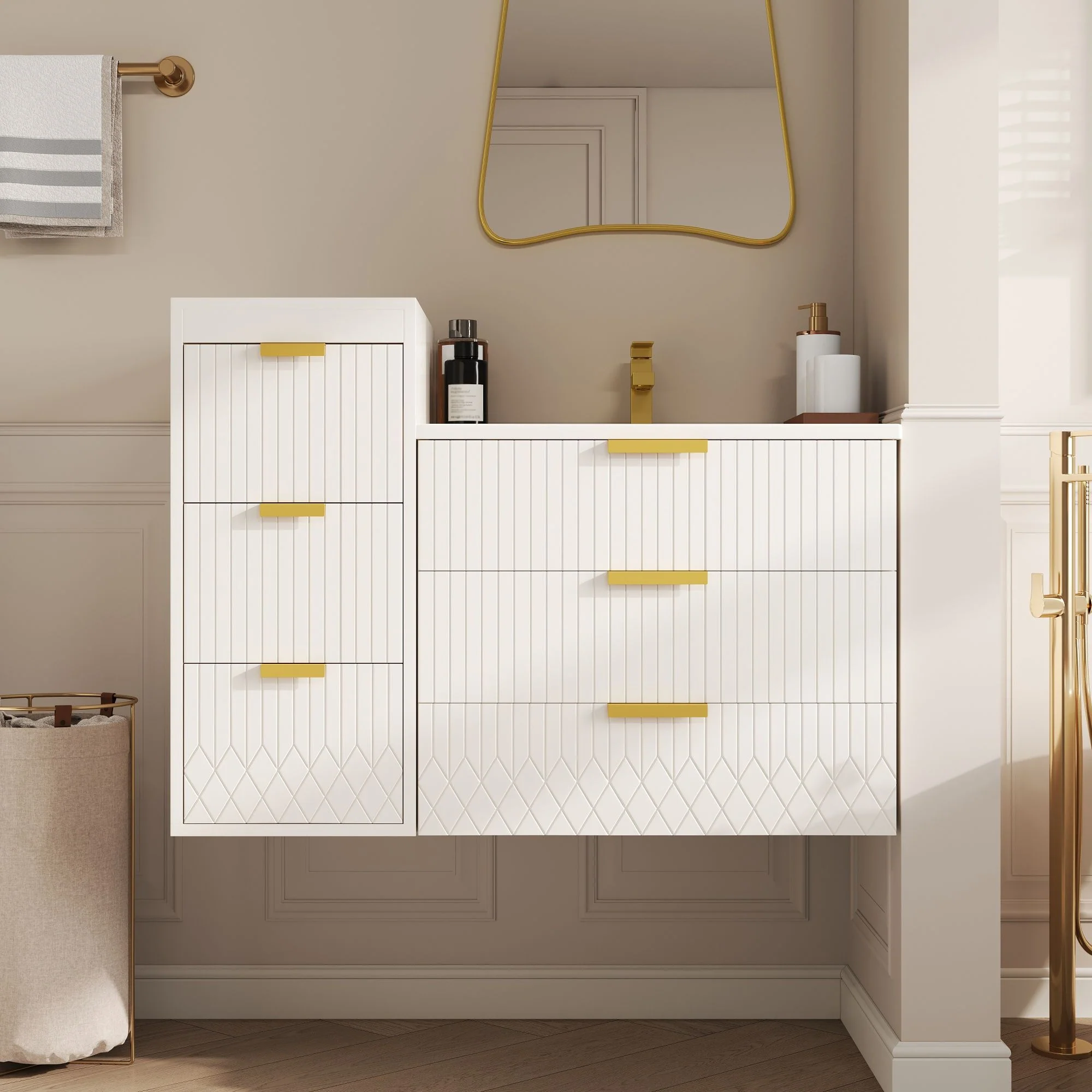 Wall Mounted Floating Cabinet With Side Cabinet Combo, Rectangular Ceramic Sink Vanity - Image 3
