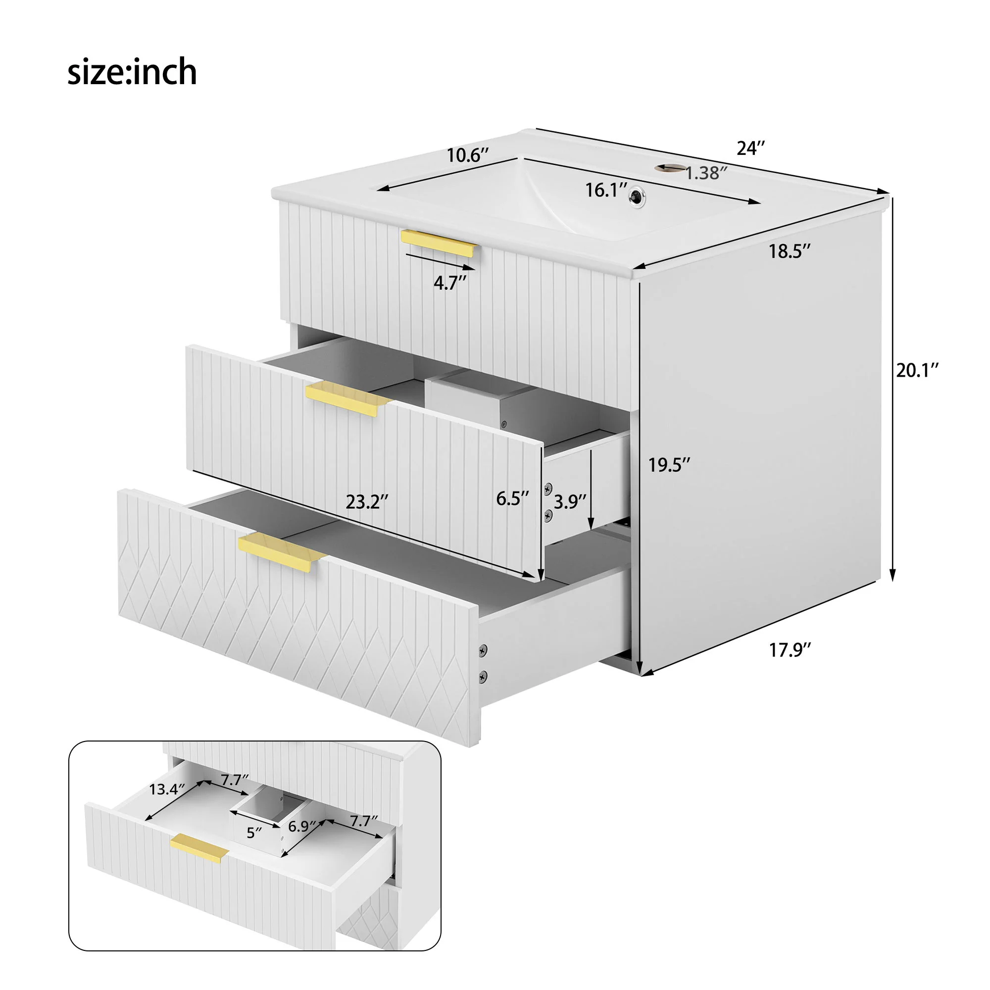Wall Mounted Floating Cabinet With Side Cabinet Combo, Rectangular Ceramic Sink Vanity - Image 5