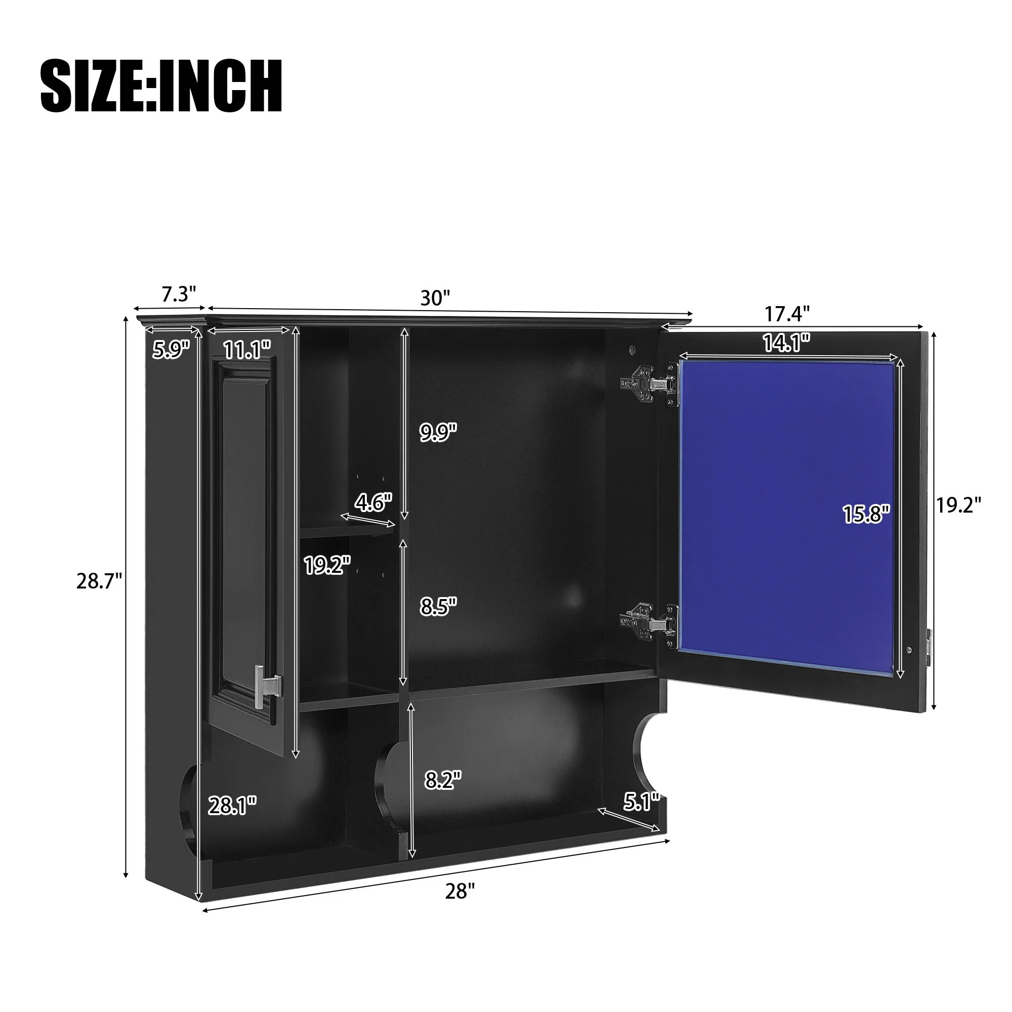 Wall Mounted Mirror Medicine Cabinet, Bathroom Storage With Doors And Open Shelves - Image 3