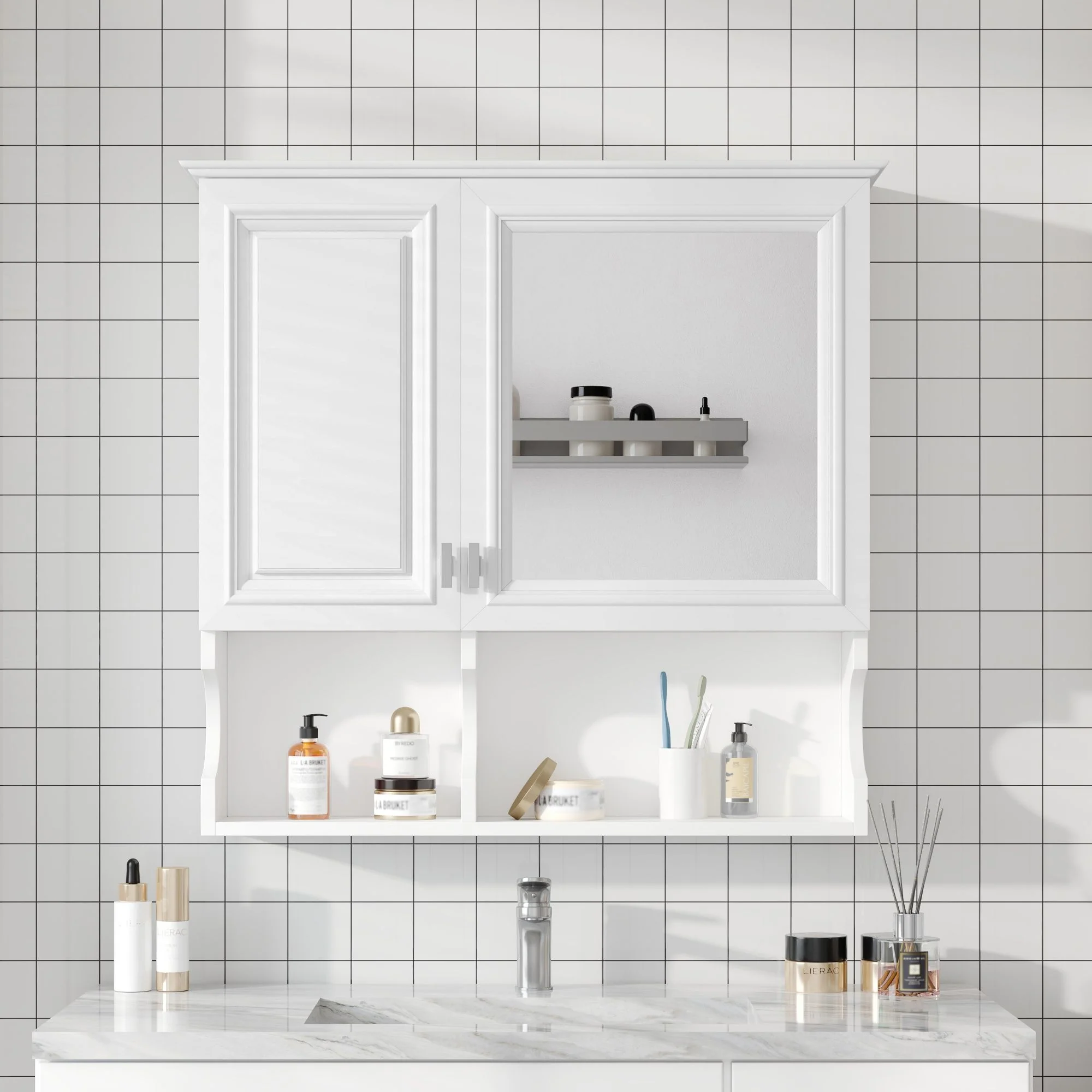 Wall Mounted Mirror Medicine Cabinet, Bathroom Storage With Doors And Open Shelves - Image 4
