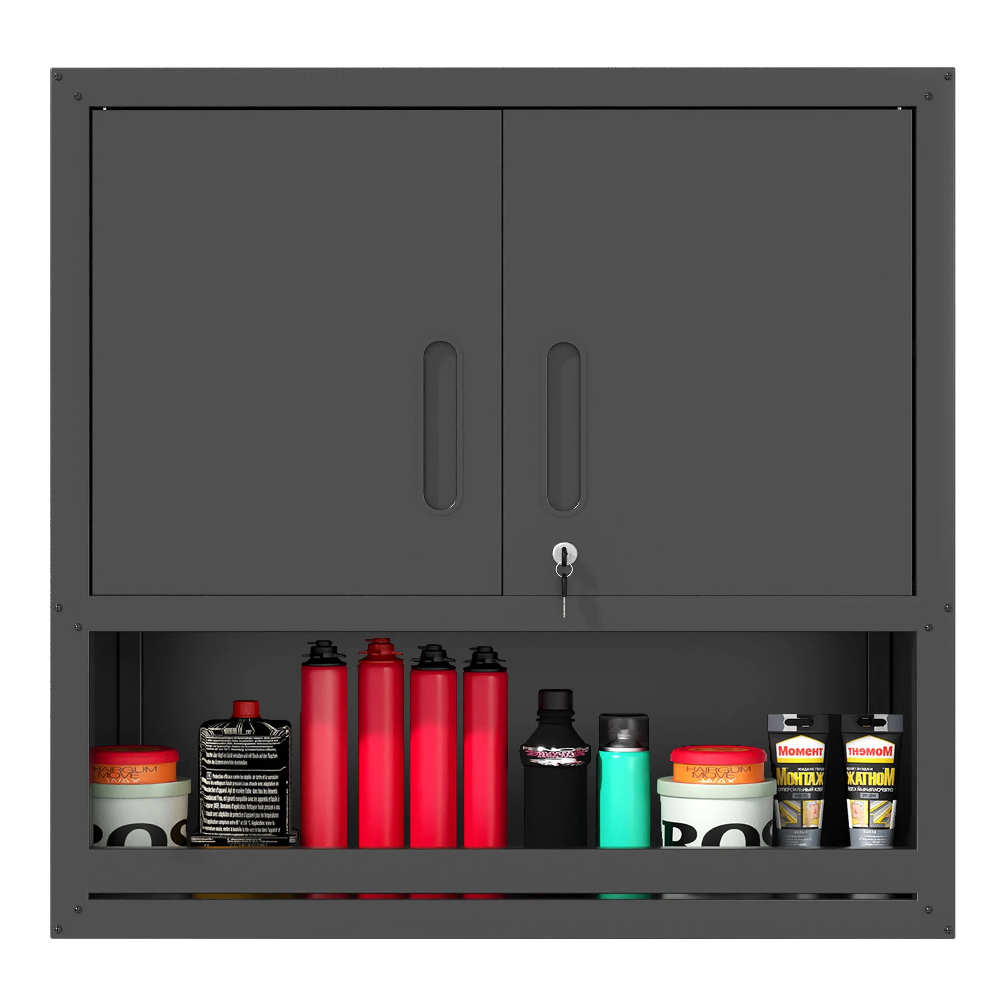 Wall-Mounted Storage Cabinet With Locking Door, 1 Shelf And Open Drawer - Black - Image 2