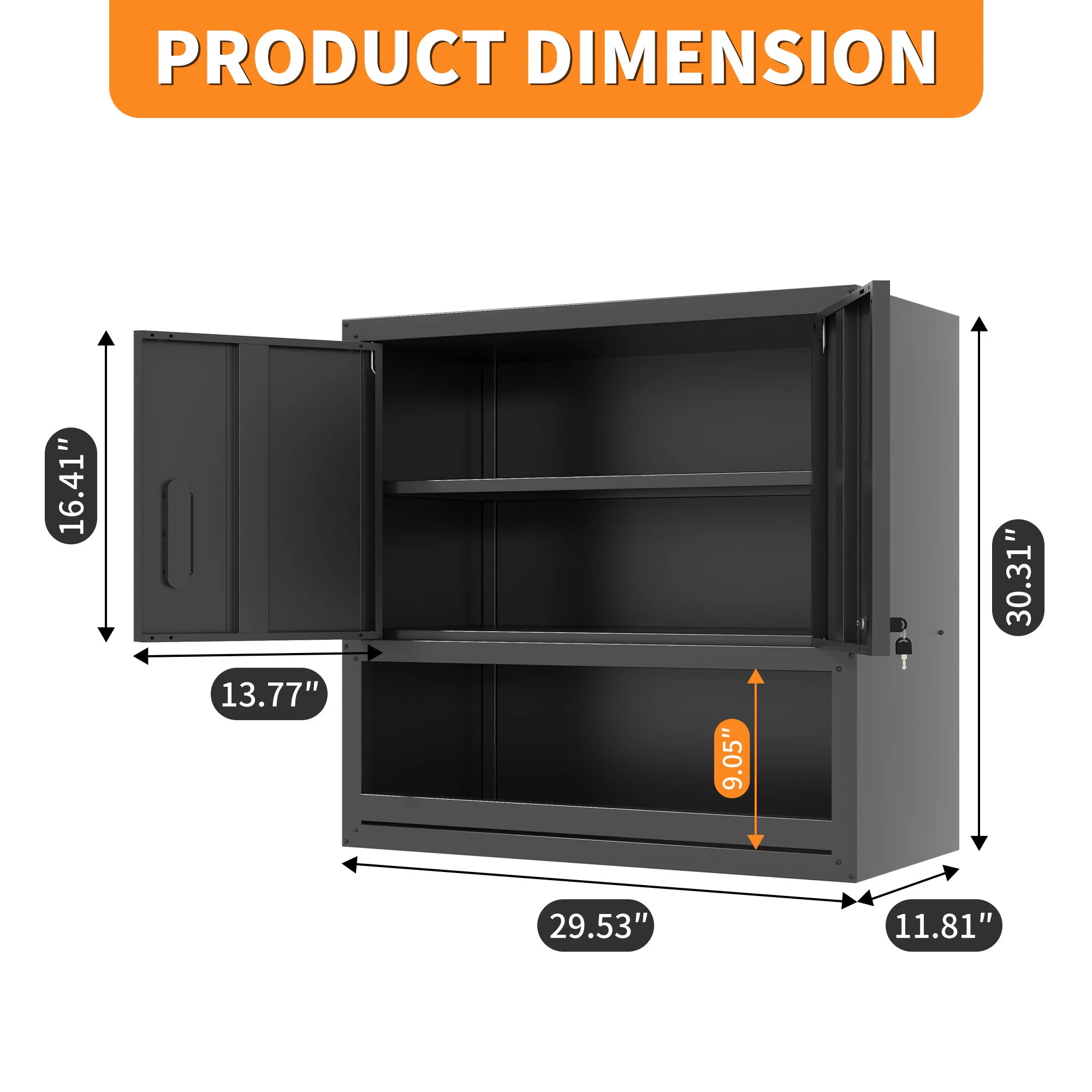 Wall-Mounted Storage Cabinet With Locking Door, 1 Shelf And Open Drawer - Black - Image 3