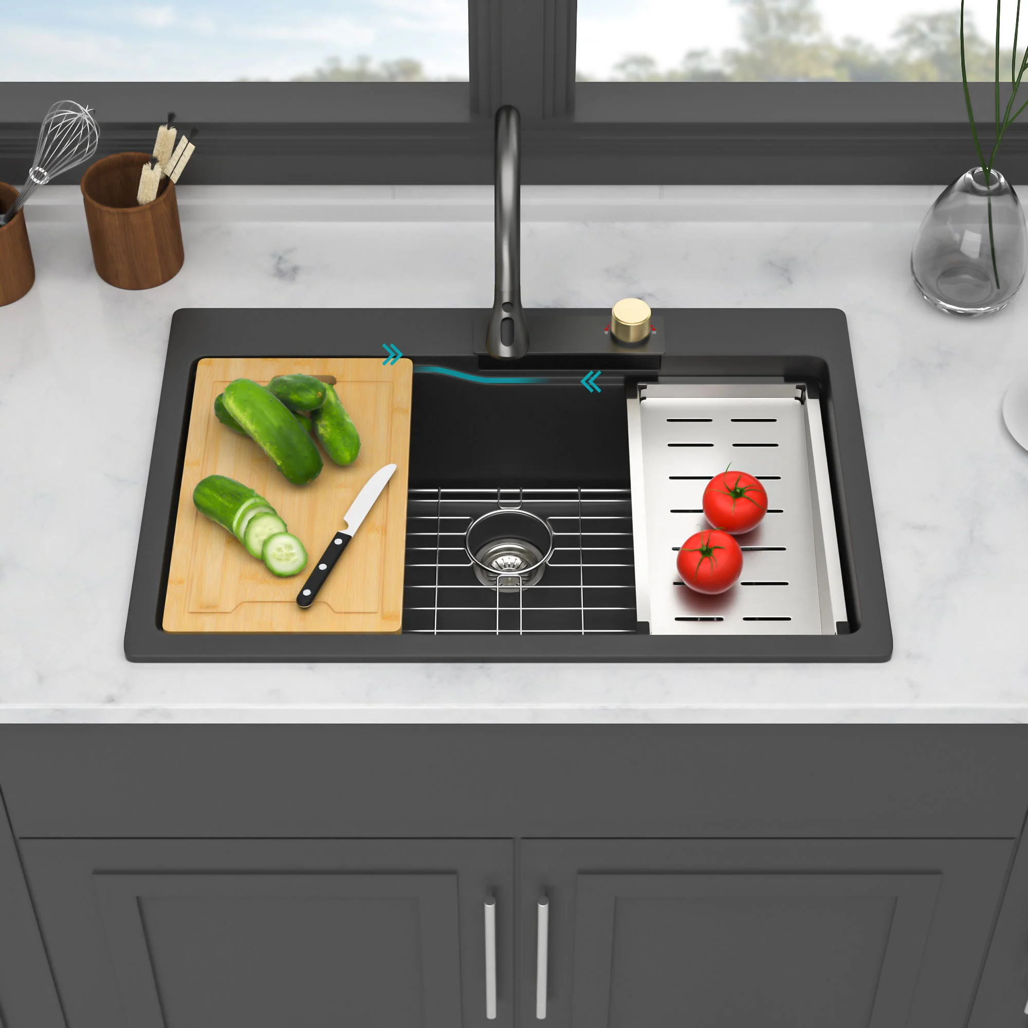 Waterfall Kitchen Sink With Pull Out Faucet & Cup Washer - Image 15