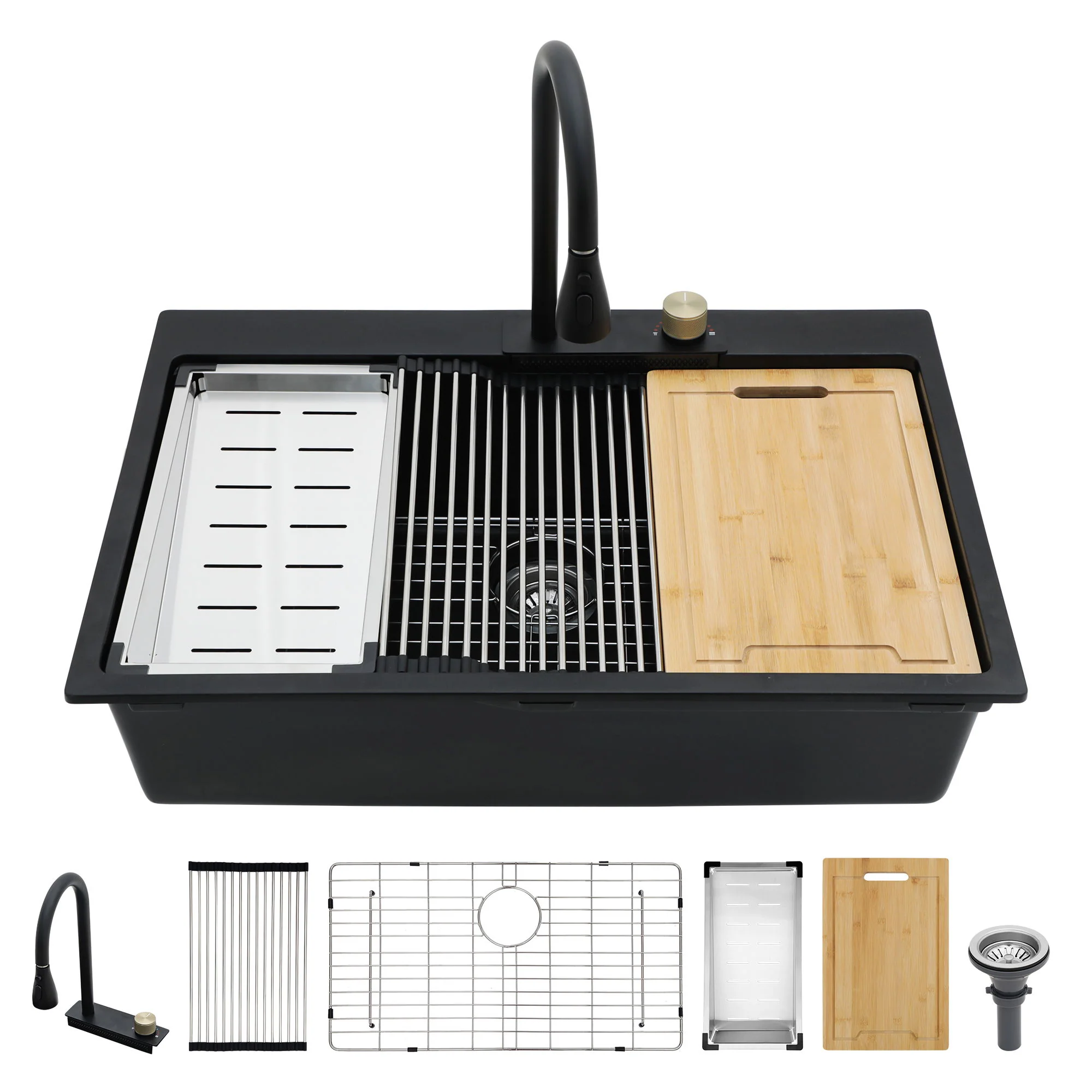Waterfall Kitchen Sink With Pull Out Faucet & Cup Washer - Image 4