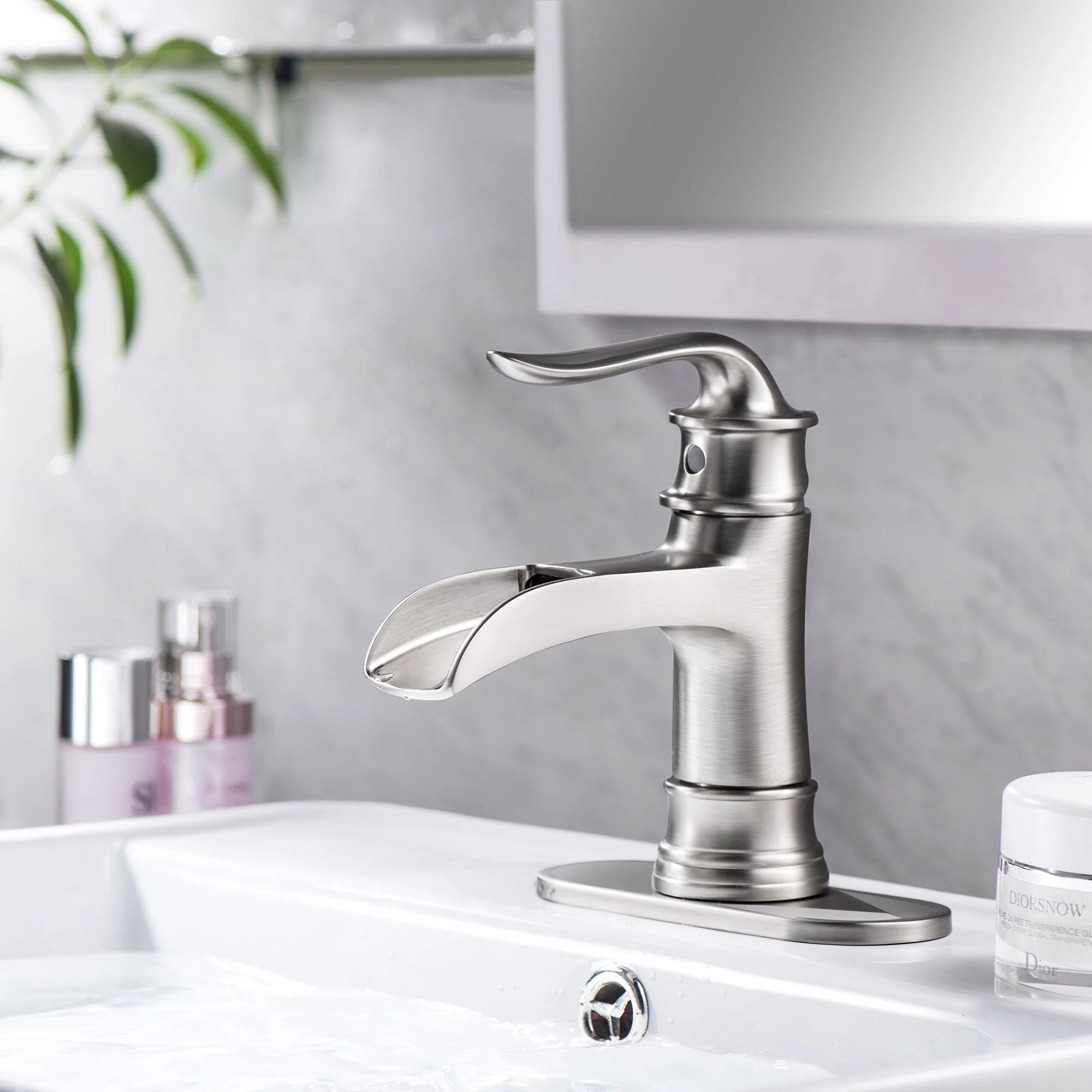 Waterfall Spout Bathroom Faucet With Single Handle And Pop Up Drain - Brushed Nickel - Image 2