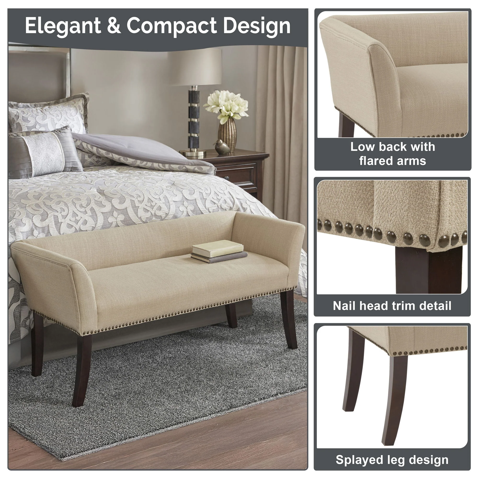 Welburn - Upholstered Bench With Back & Legs - Cream - Image 2