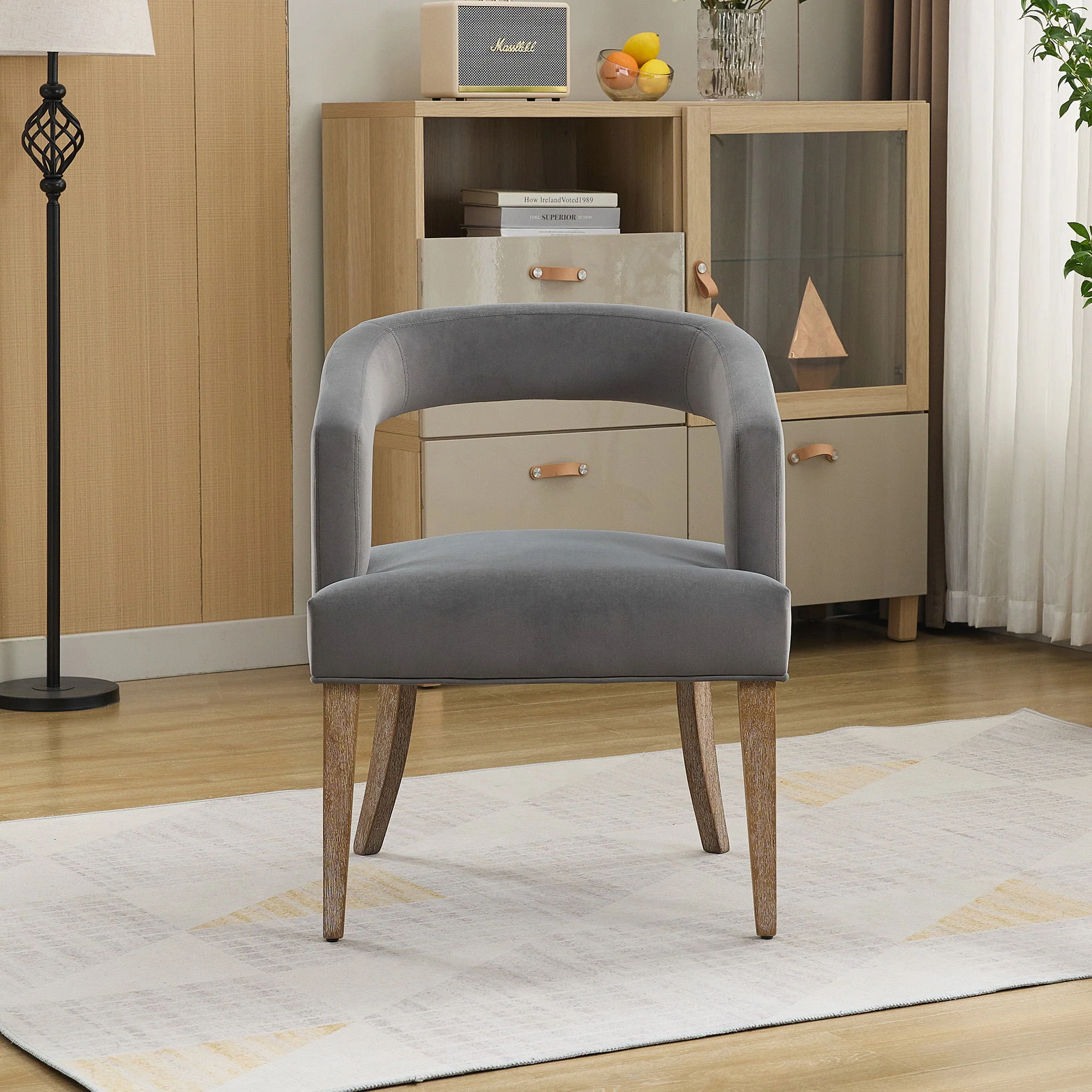 Wide Modern Barrel Open Back Upholstered Accent Chair With Weathered Solid Wood Legs - Image 3