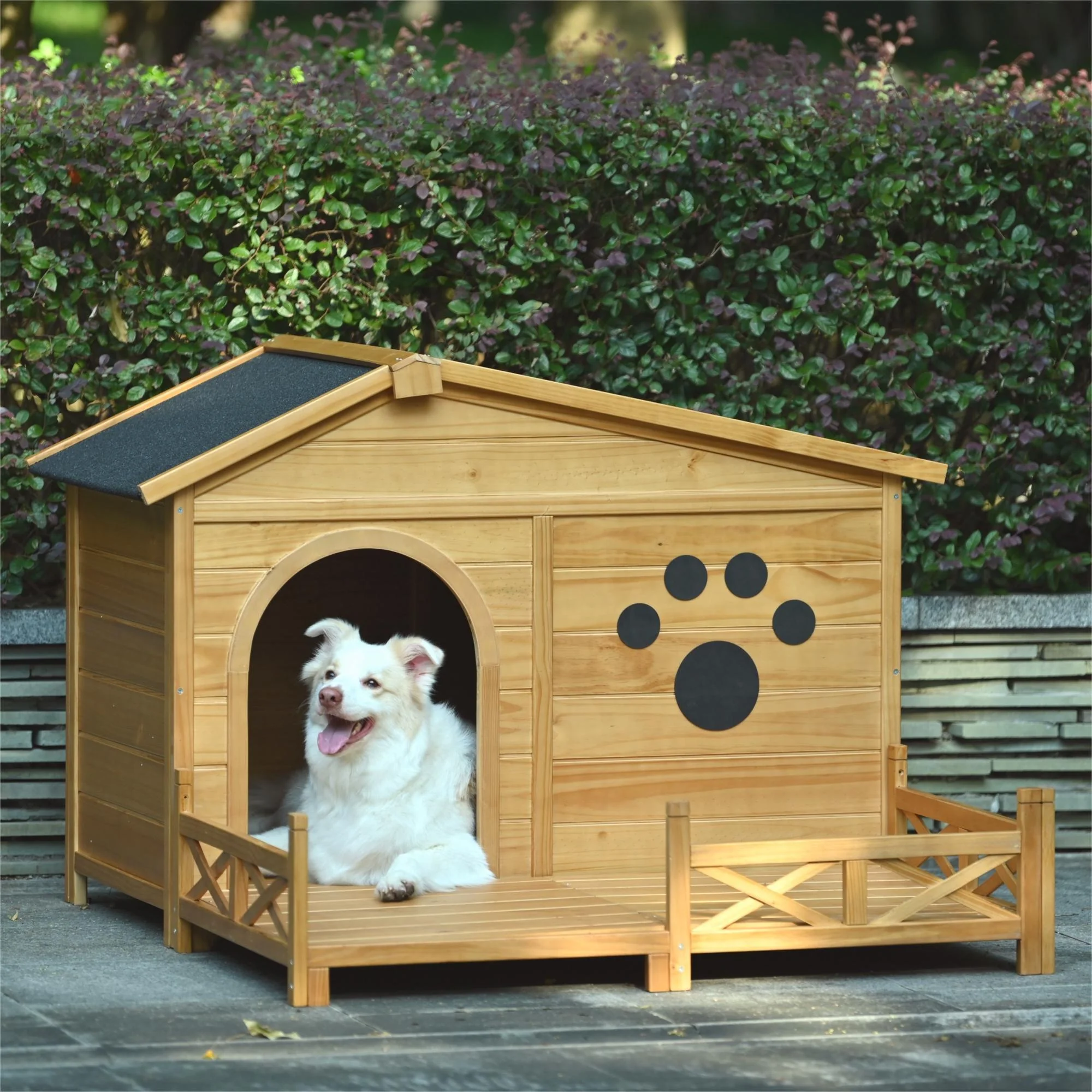 Wooden Dog House Outdoor With Porch, Dog Kennel With Water Resistant Asphalt Roof And Fencing, Indoor & Outdoor Dog Crate With Paw Print, Medium - Nature - Image 3