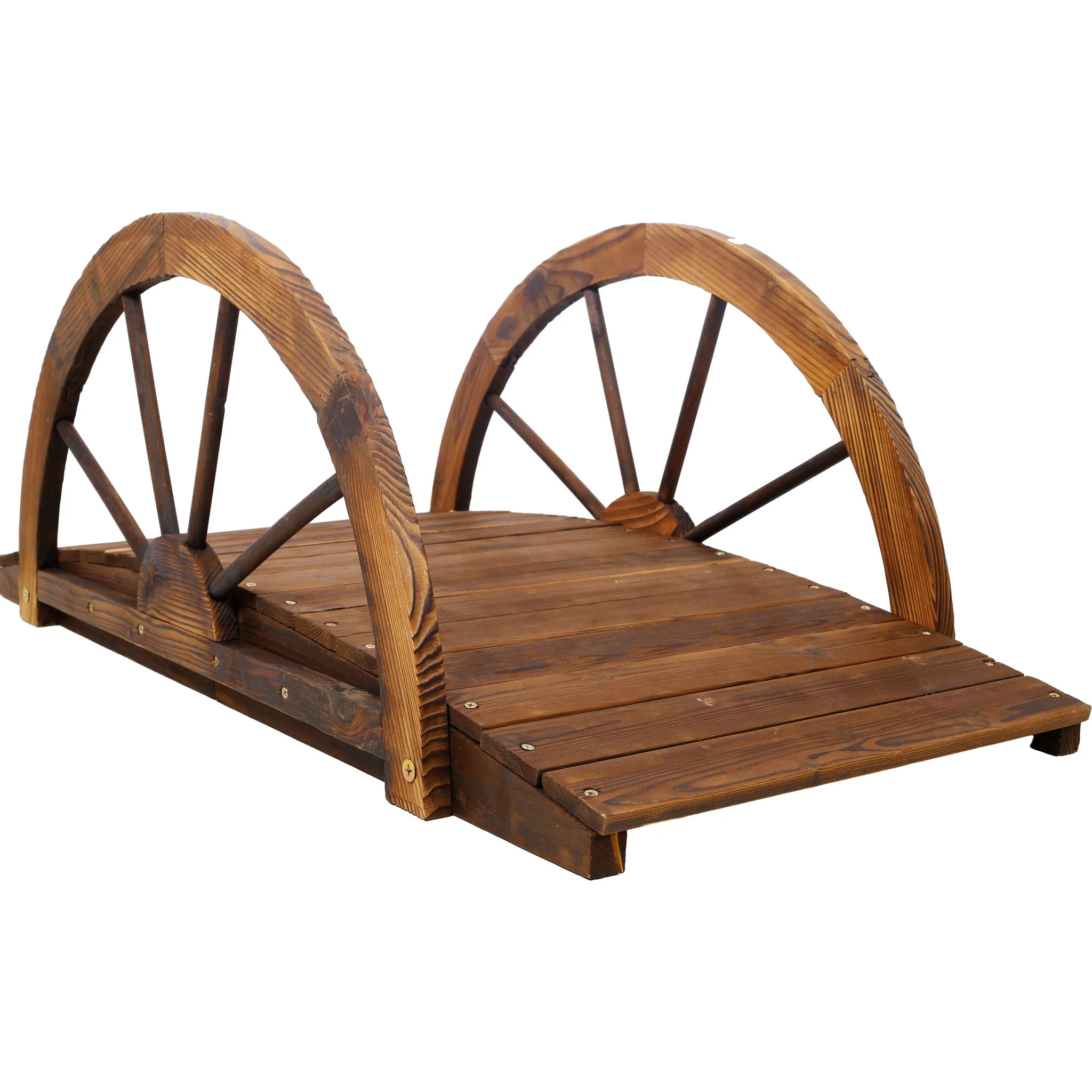 Wooden Garden Bridge Arc Footbridge With Half Wheel Railings Solid Fi - Brown - Image 4