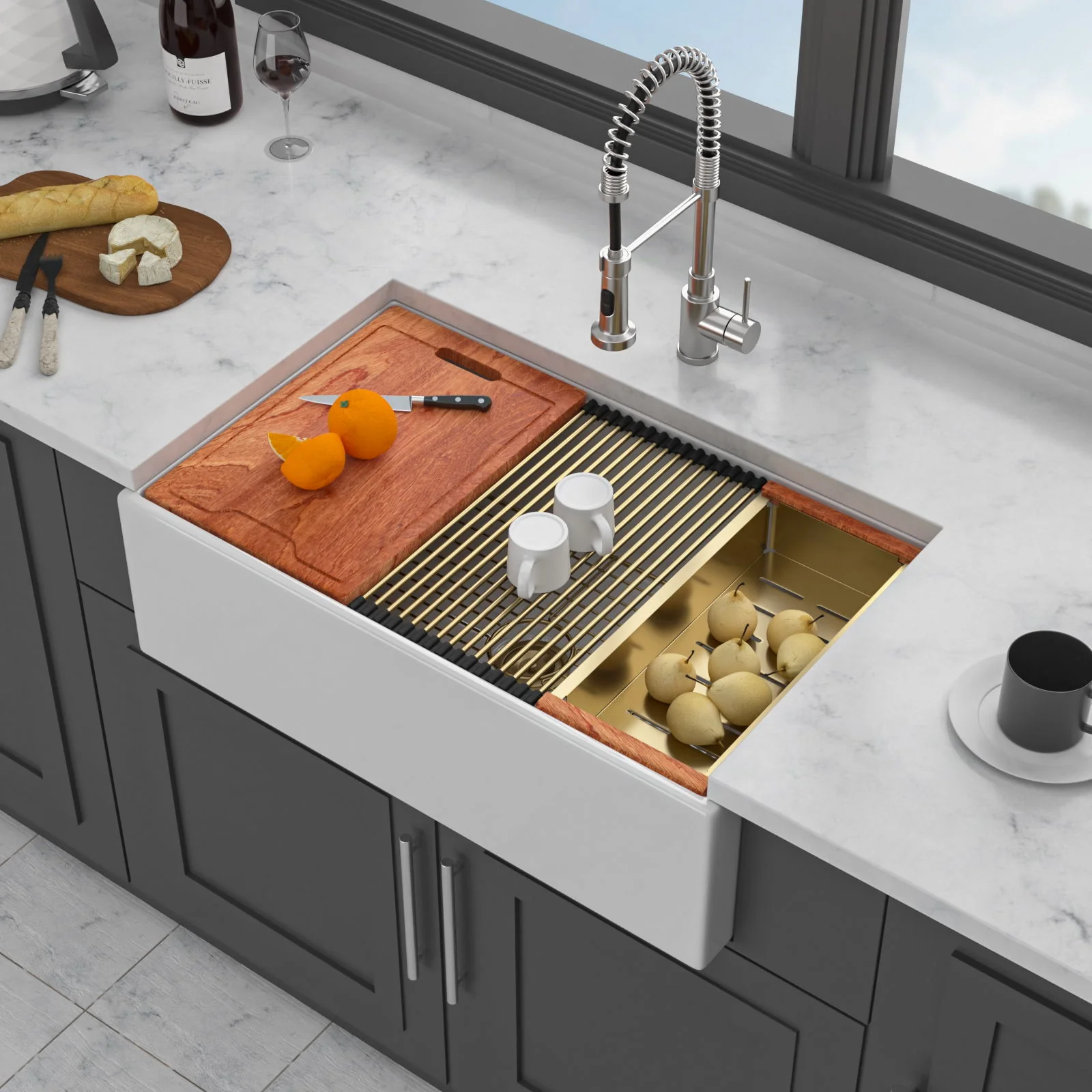 Workstation Single Bowl, Apron Front Kitchen Sink - White - Image 4