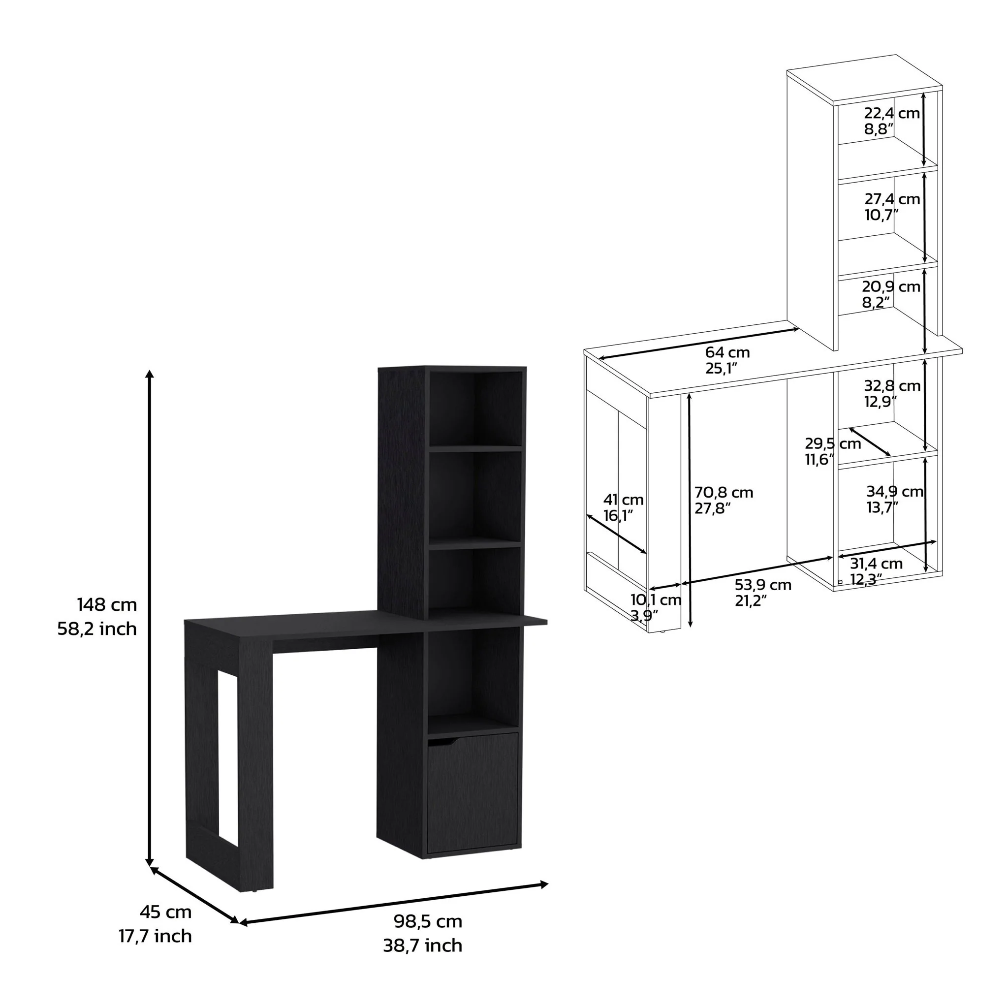 Writing Desk With Bookcase And Cabinet - Black - Image 4